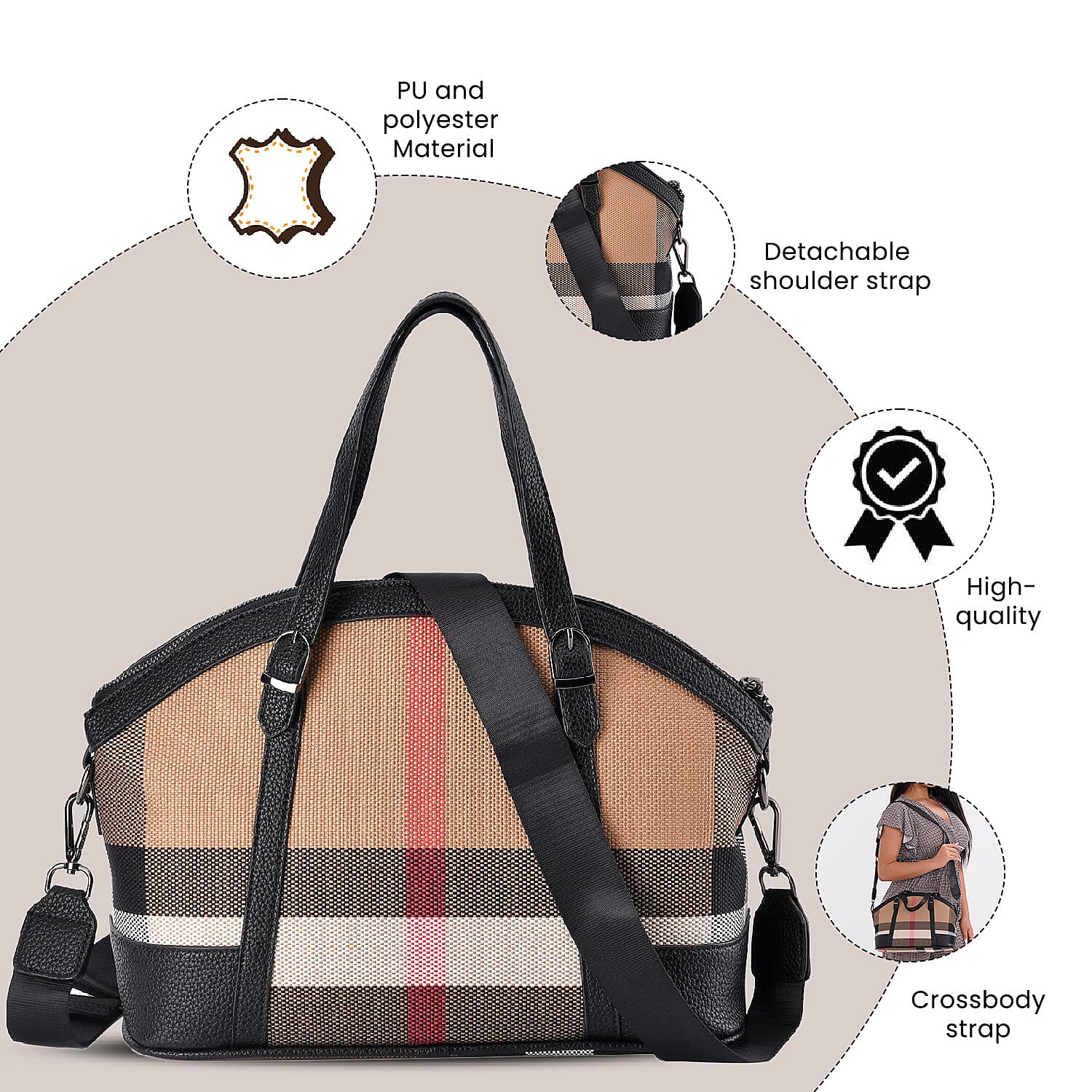 Plaid Pattern Medium Tote Bag with Detachable Shoulder Strap - Black