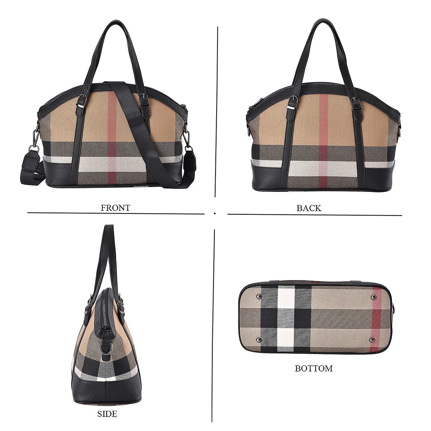 Plaid Pattern Medium Tote Bag with Detachable Shoulder Strap - Black