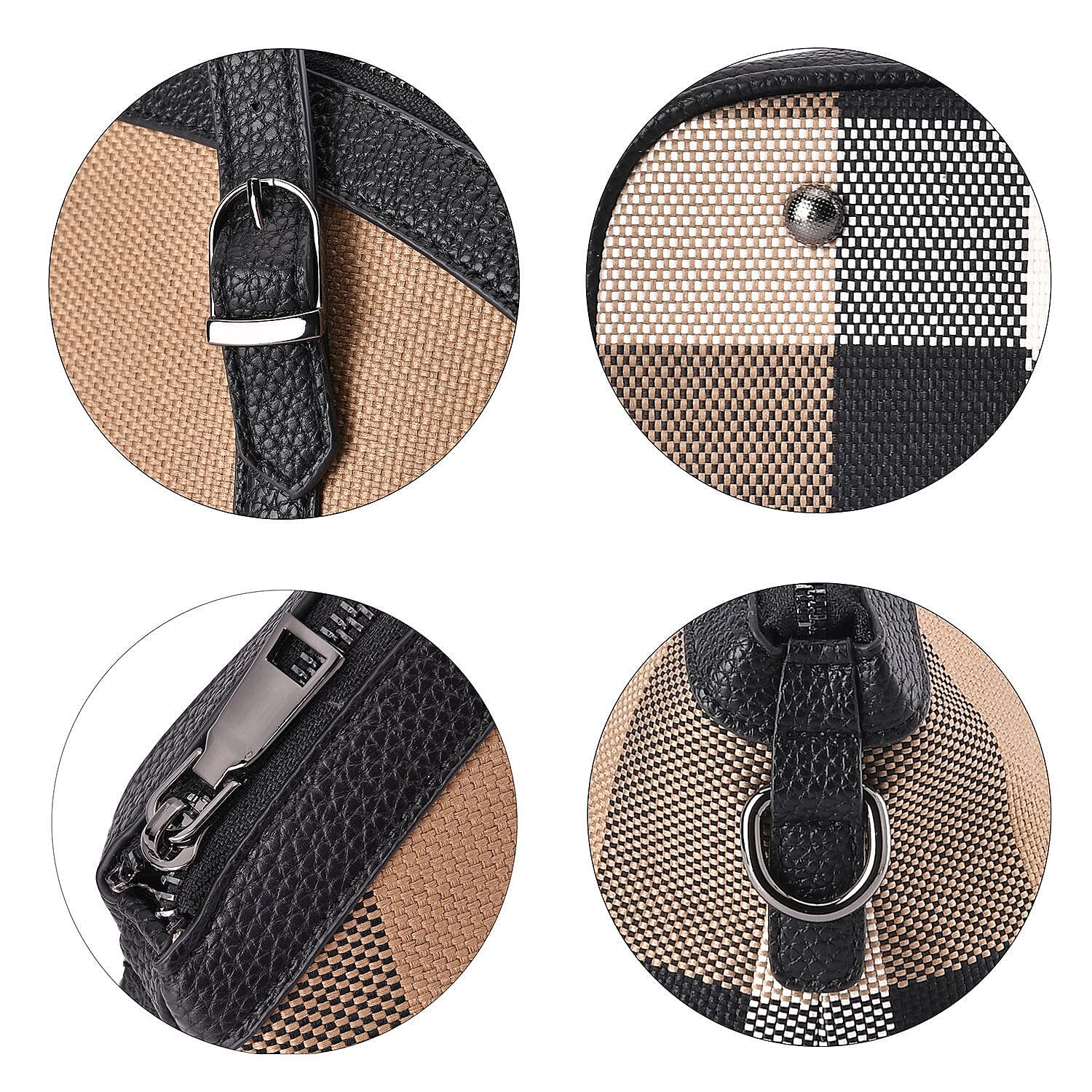 Plaid Pattern Medium Tote Bag with Detachable Shoulder Strap - Black