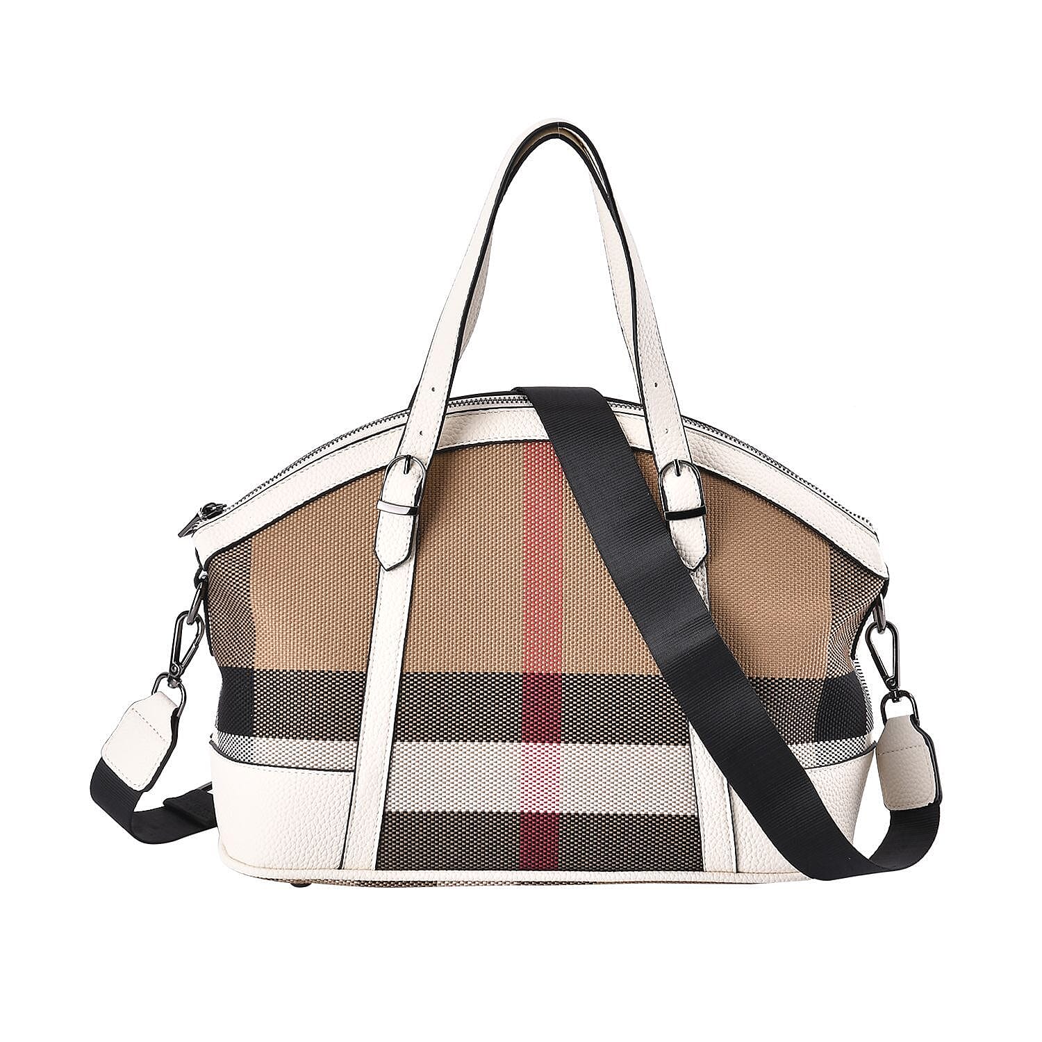 Plaid Pattern Medium Tote Bag with Detachable Shoulder Strap - White