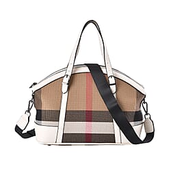 Plaid Pattern Medium Tote Bag with Detachable Shoulder Strap - Tan