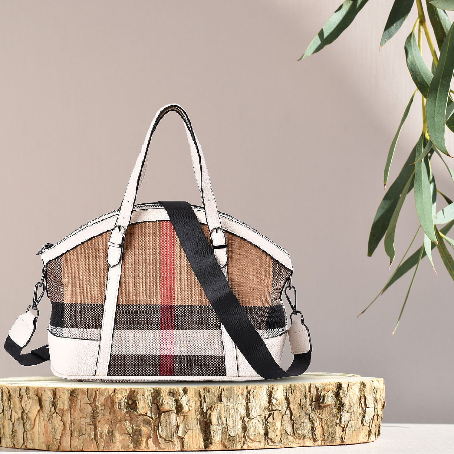 Plaid Pattern Medium Tote Bag with Detachable Shoulder Strap - White