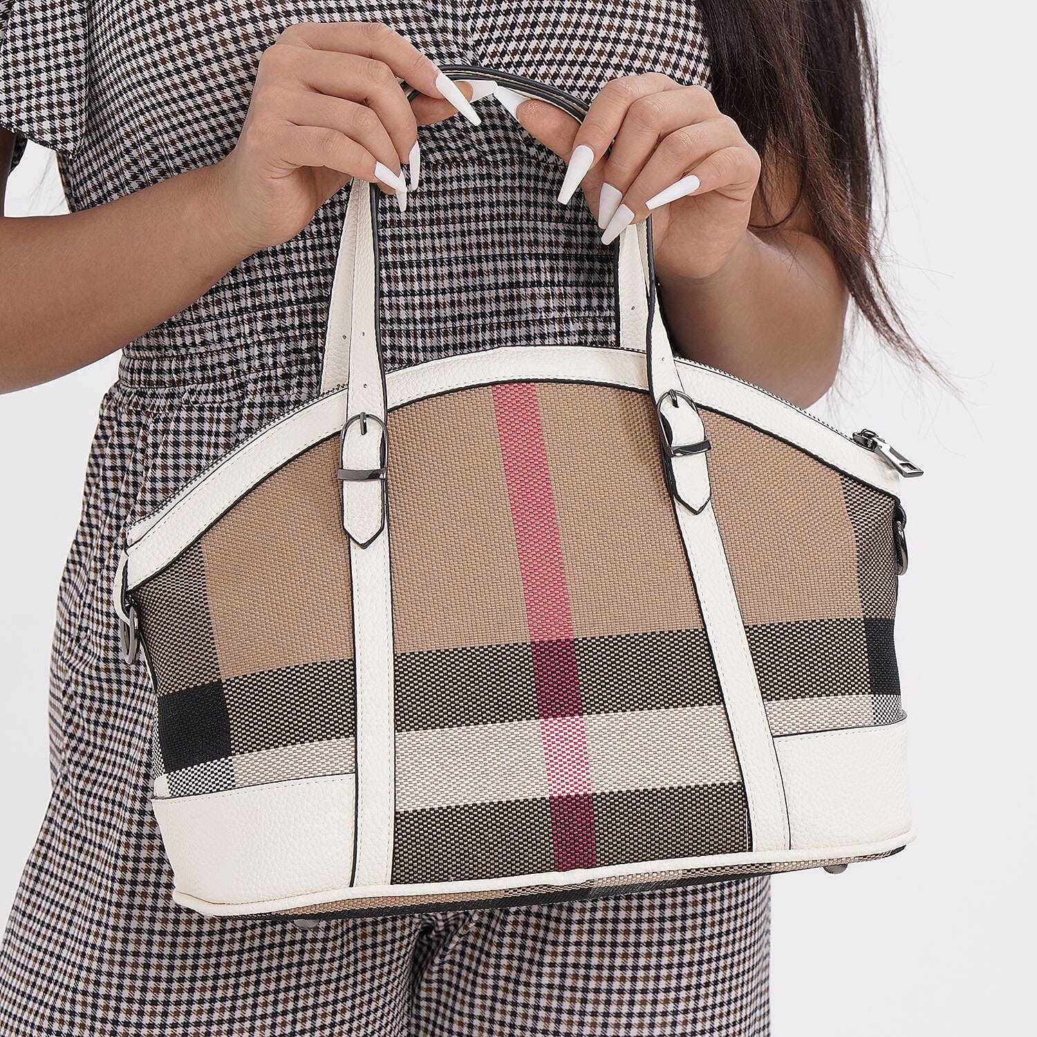 Plaid Pattern Medium Tote Bag with Detachable Shoulder Strap - White