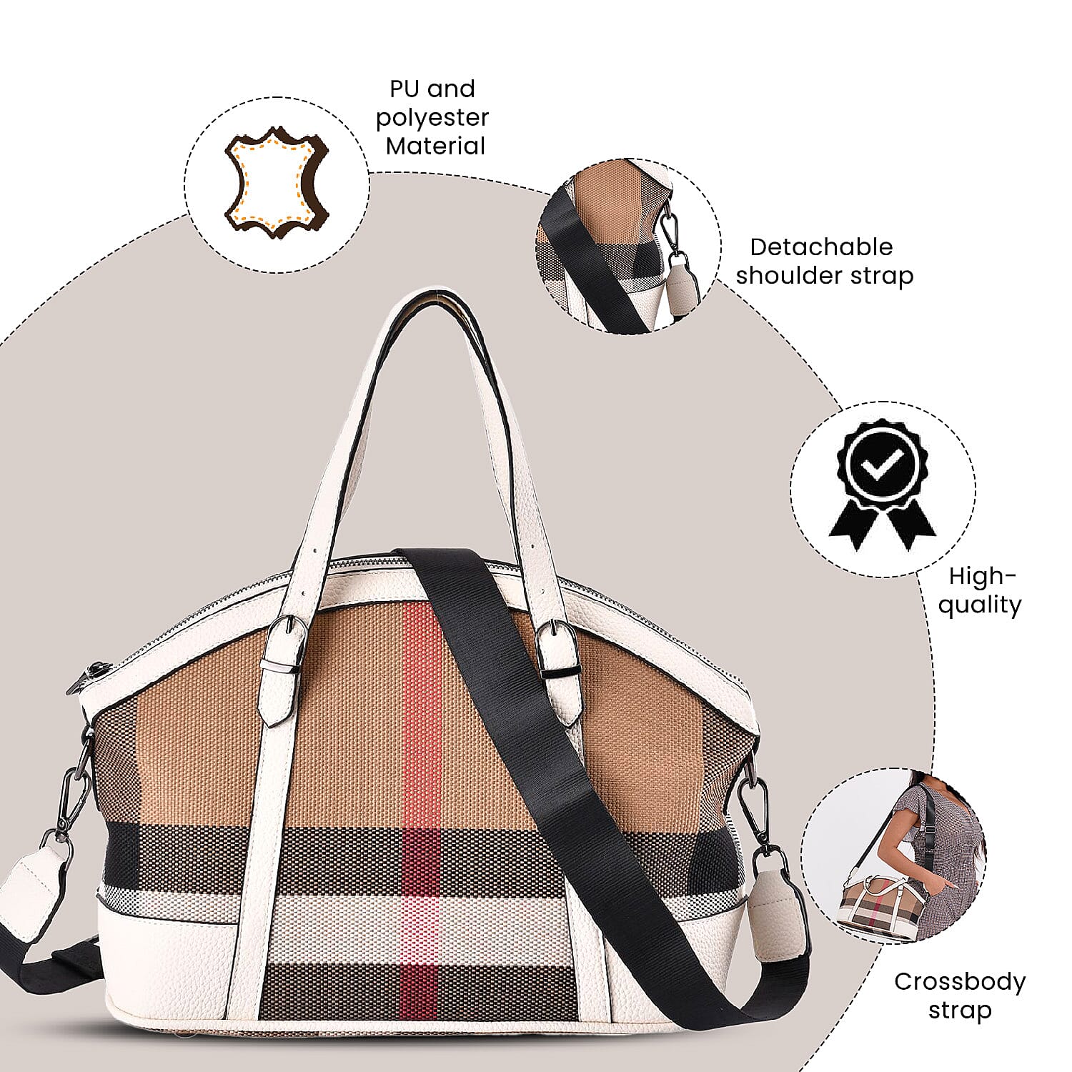 Plaid Pattern Medium Tote Bag with Detachable Shoulder Strap - White