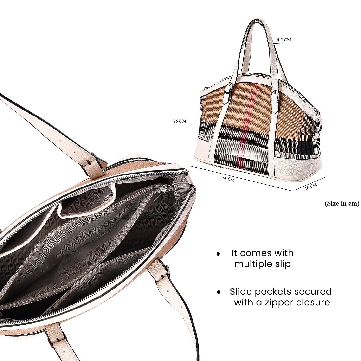 Plaid Pattern Medium Tote Bag with Detachable Shoulder Strap - White