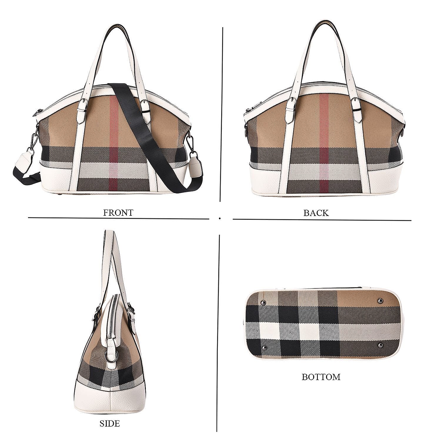 Plaid Pattern Medium Tote Bag with Detachable Shoulder Strap - White