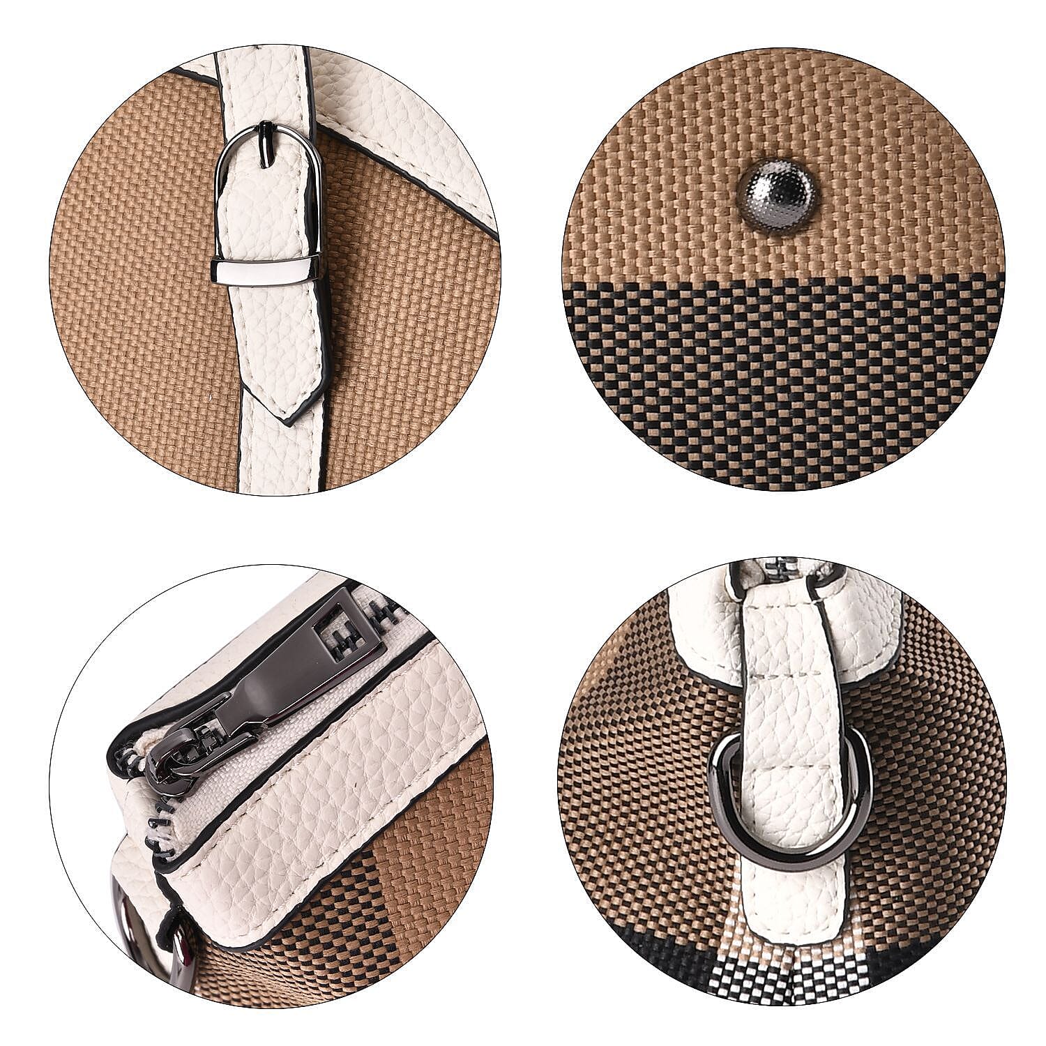 Plaid Pattern Medium Tote Bag with Detachable Shoulder Strap - White