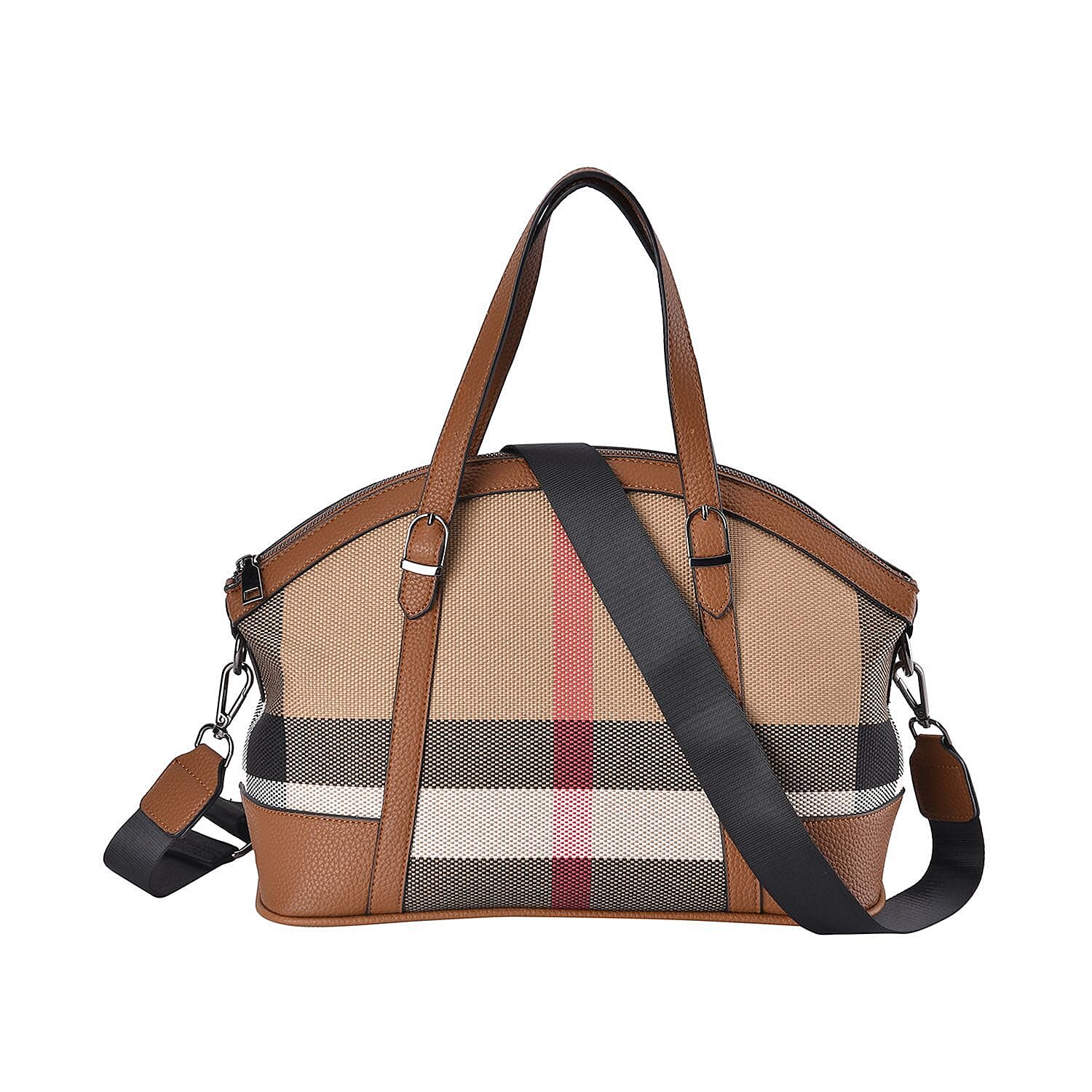Plaid Pattern Medium Tote Bag with Detachable Shoulder Strap - Tan