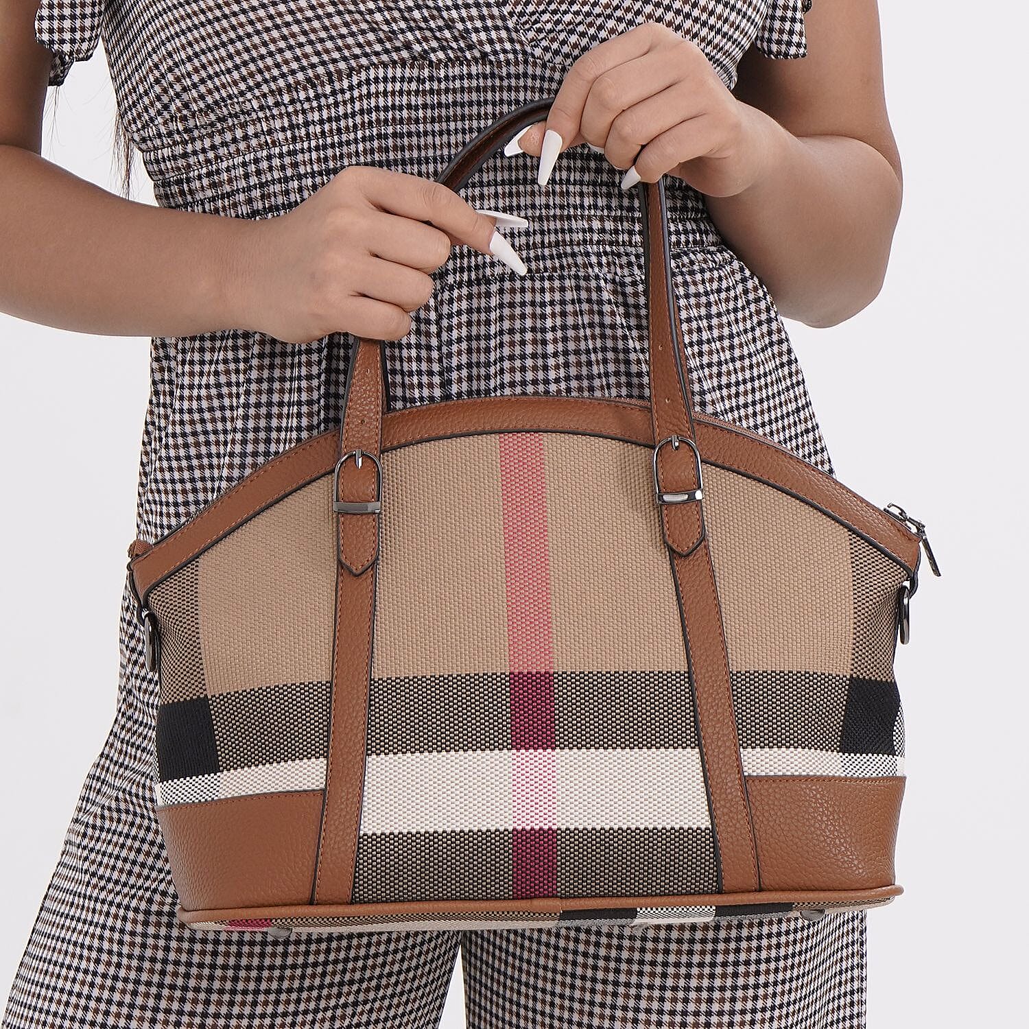 Plaid Pattern Medium Tote Bag with Detachable Shoulder Strap - Tan