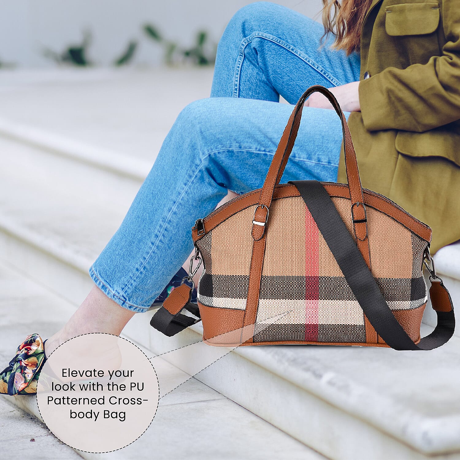 Plaid Pattern Medium Tote Bag with Detachable Shoulder Strap - Tan