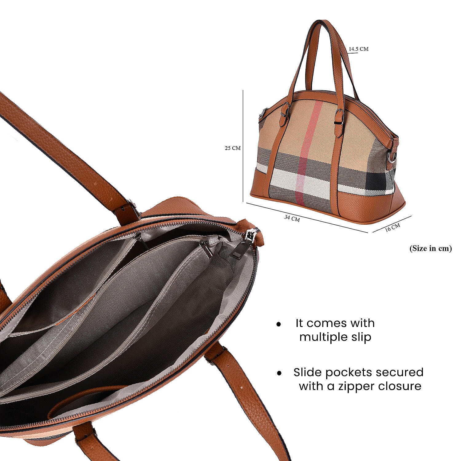 Plaid Pattern Medium Tote Bag with Detachable Shoulder Strap - Tan