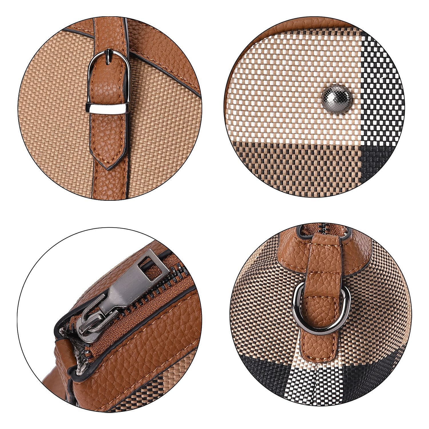 Plaid Pattern Medium Tote Bag with Detachable Shoulder Strap - Tan