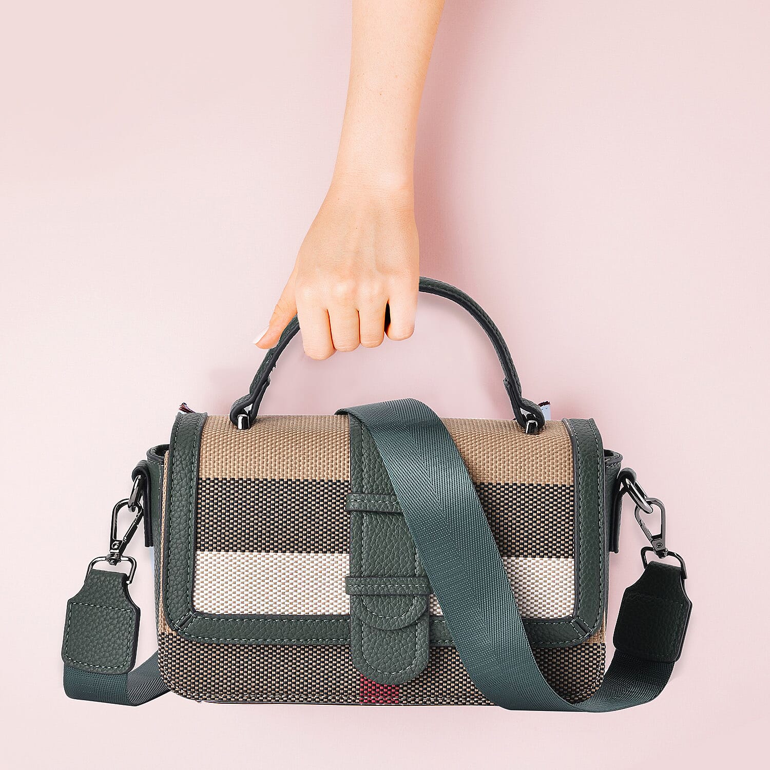 Closeout Deal Plaid Pattern Crossbody Bag with Detachable Strap - Green - (22.5x6x13cm)