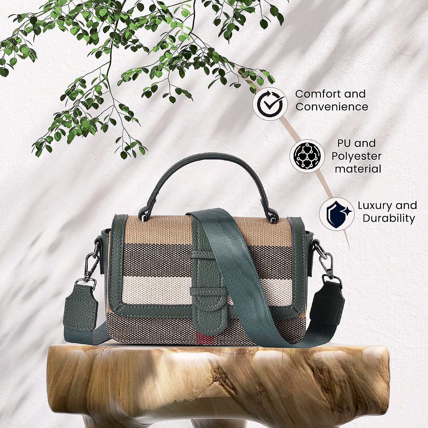 Closeout Deal Plaid Pattern Crossbody Bag with Detachable Strap - Green - (22.5x6x13cm)