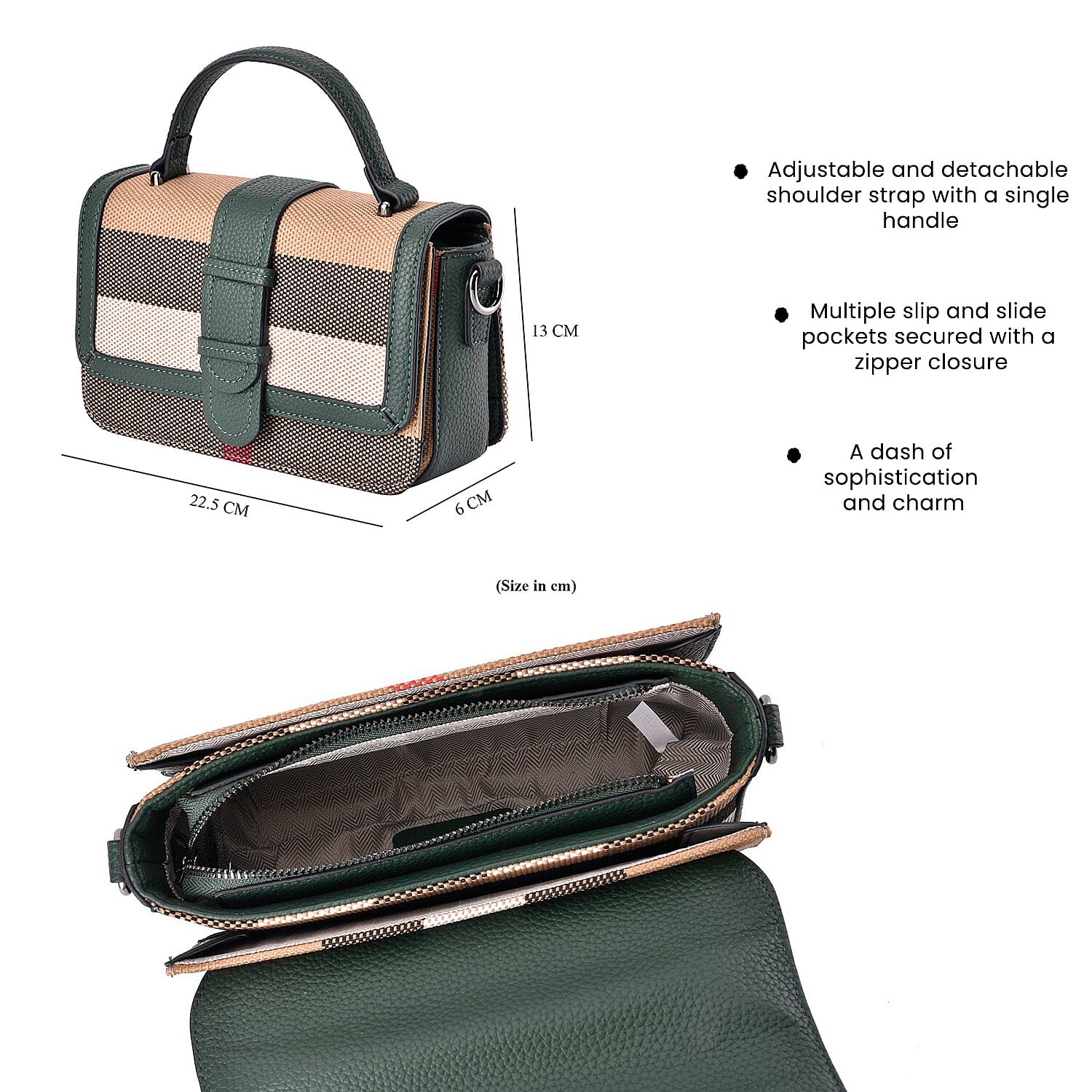 Closeout Deal Plaid Pattern Crossbody Bag with Detachable Strap - Green - (22.5x6x13cm)