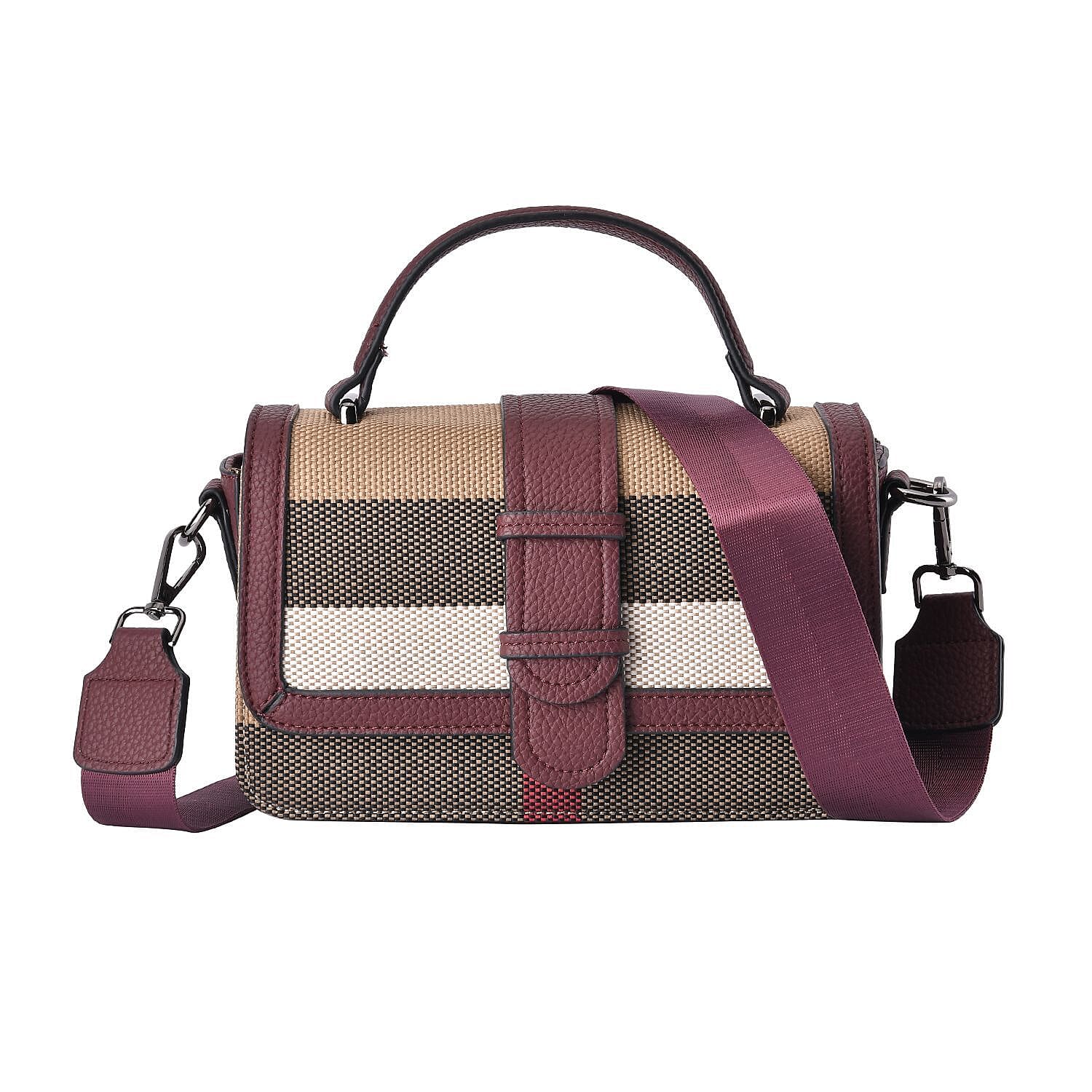 Closeout Deal Plaid Pattern Crossbody Bag with Detachable Strap - Burgundy