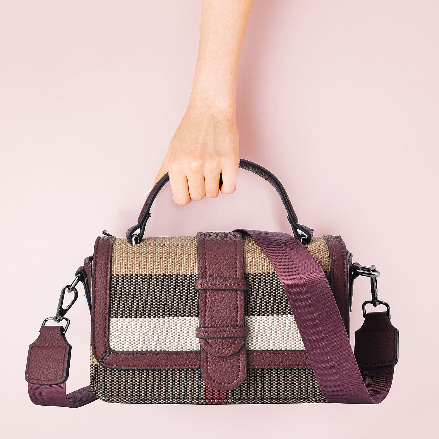 Closeout Deal Plaid Pattern Crossbody Bag with Detachable Strap - Burgundy