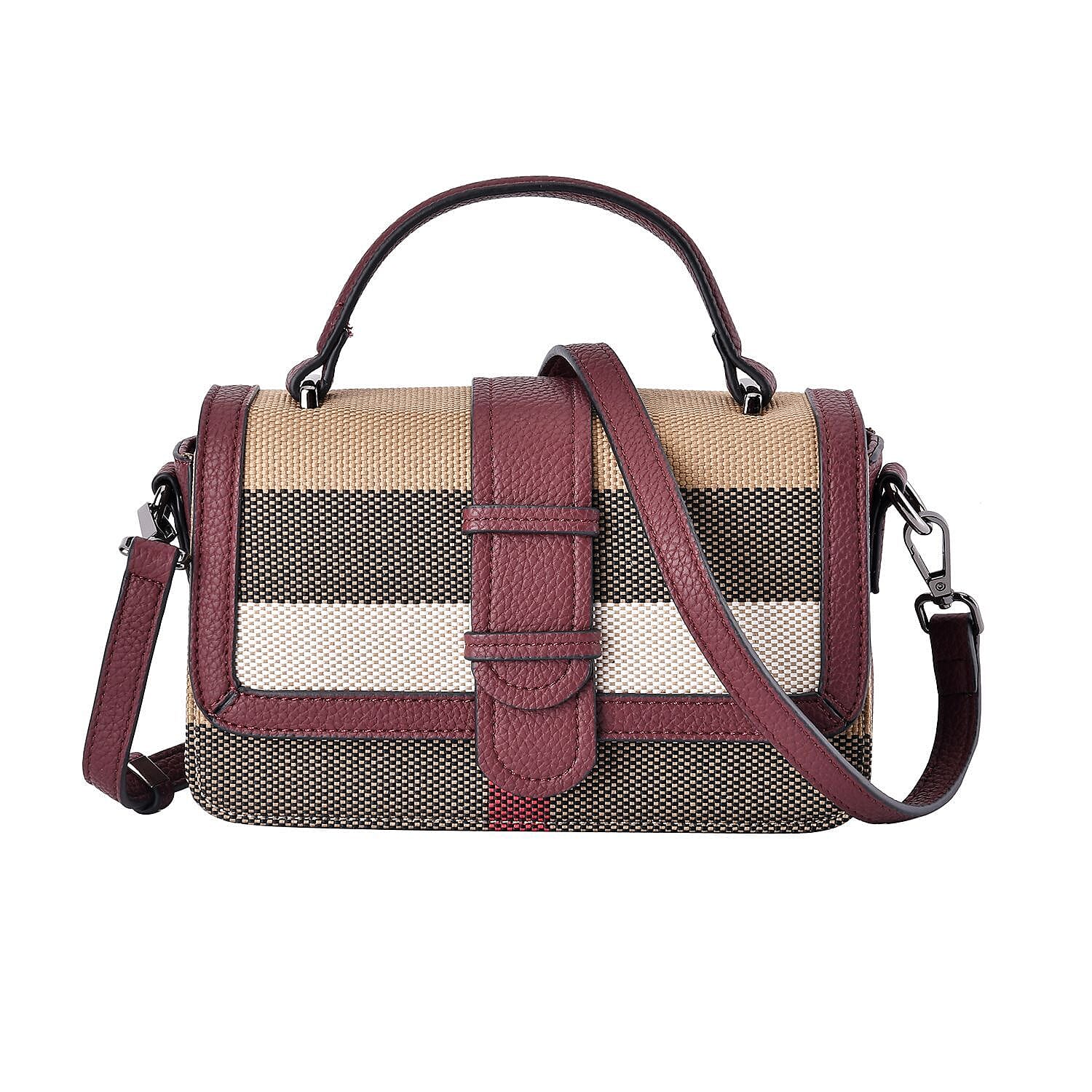 Closeout Deal Plaid Pattern Crossbody Bag with Detachable Strap - Burgundy