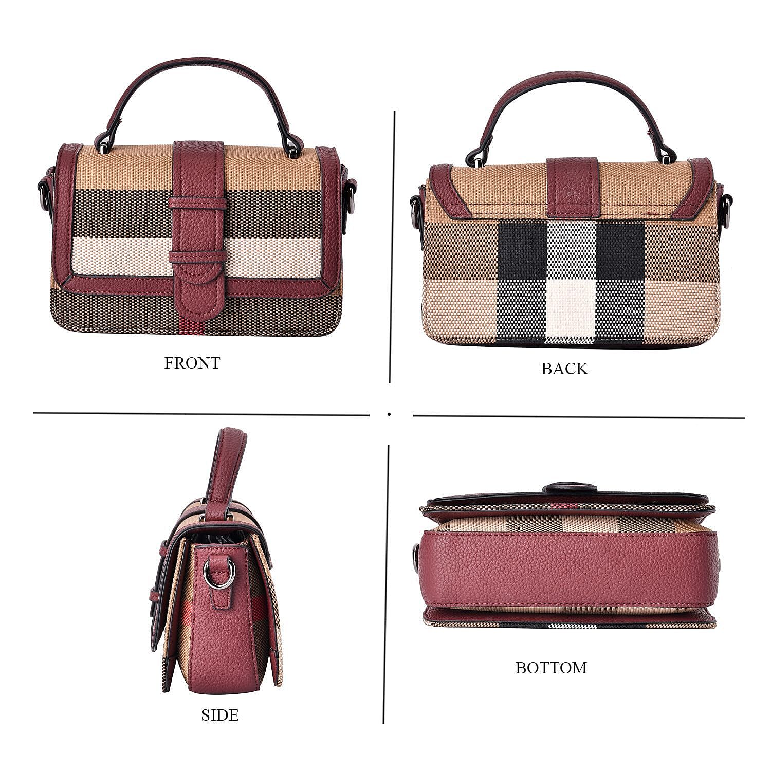 Closeout Deal Plaid Pattern Crossbody Bag with Detachable Strap - Burgundy