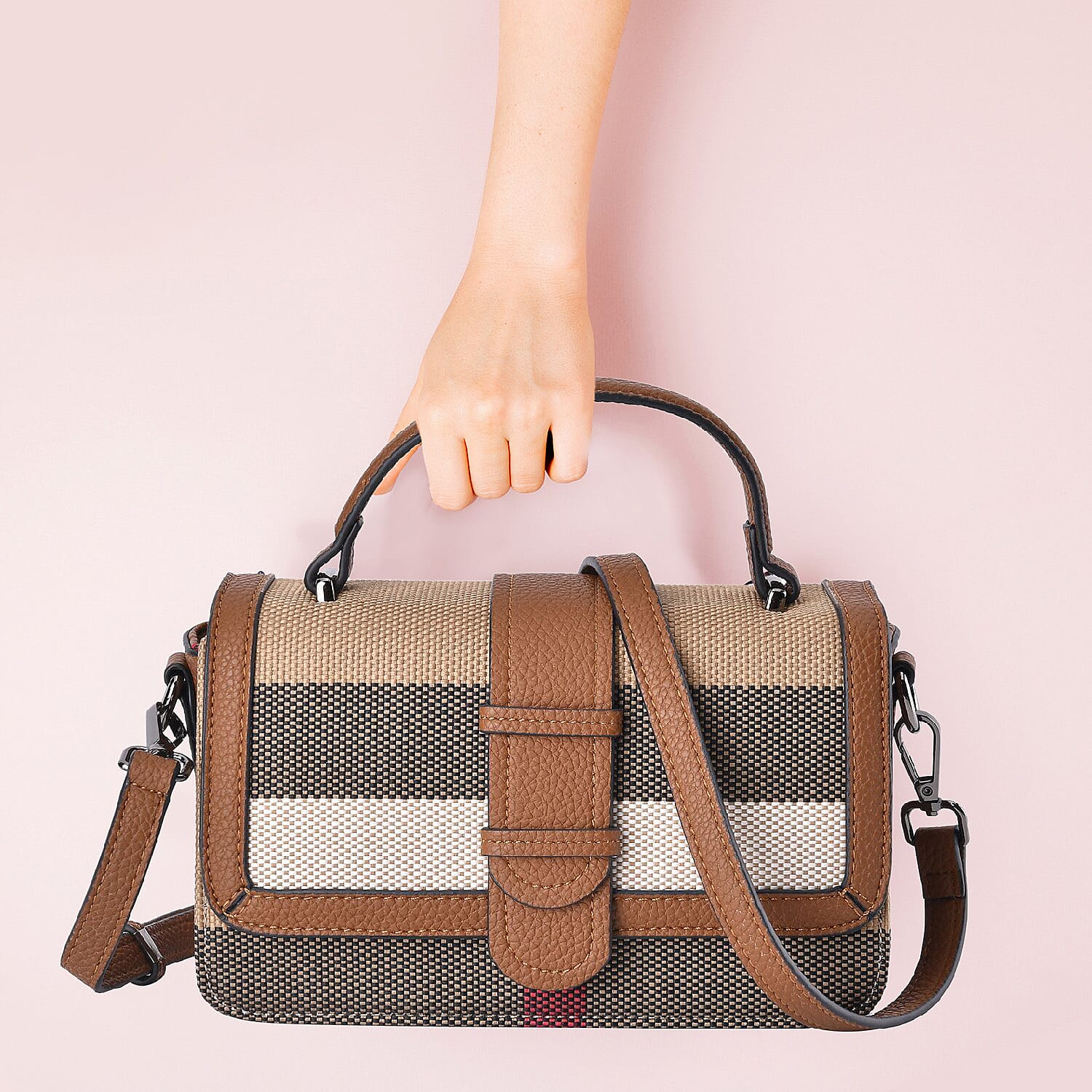 Closeout Deal Plaid Pattern Crossbody Bag with Detachable Strap - Tan