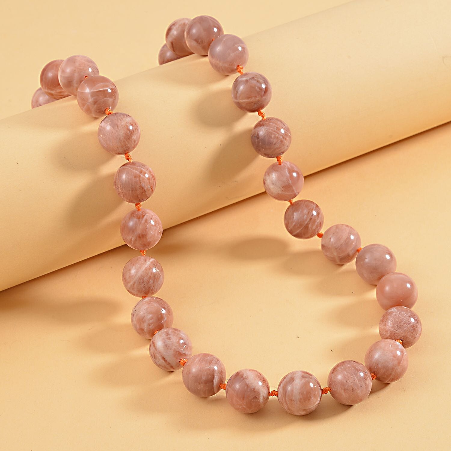 Extremely Rare Size AAA Luscious Peach Moonstone (14 mm) Necklace (Size - 20) in Sterling Silver 610 Ct.