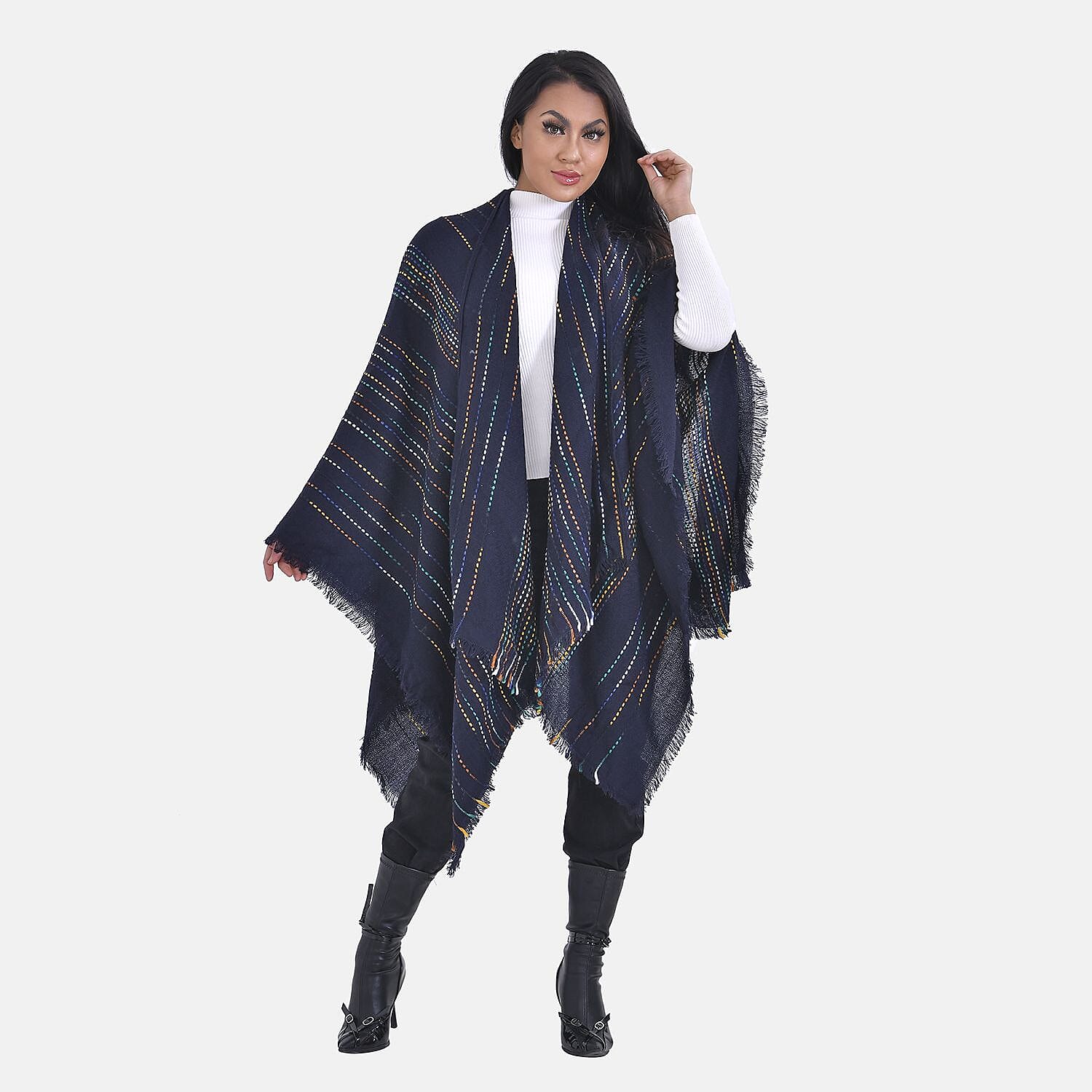 Closeout Deal Printed Poncho (One Size) - Navy