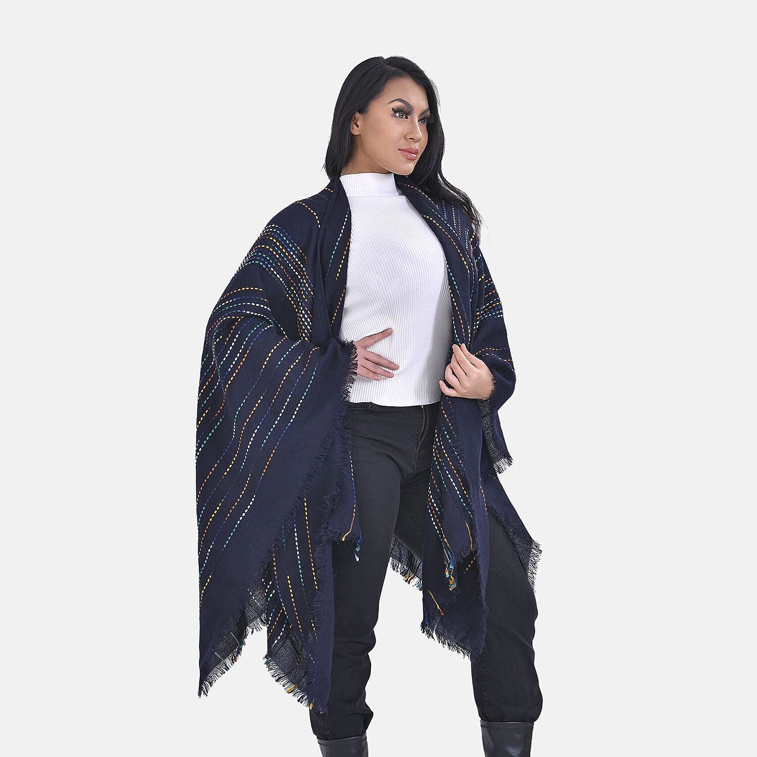 Closeout Deal Printed Poncho (One Size) - Navy