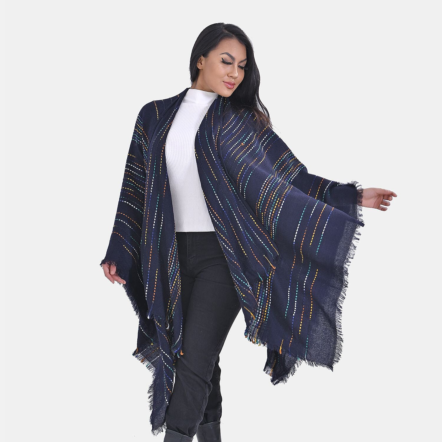 Closeout Deal Printed Poncho (One Size) - Navy