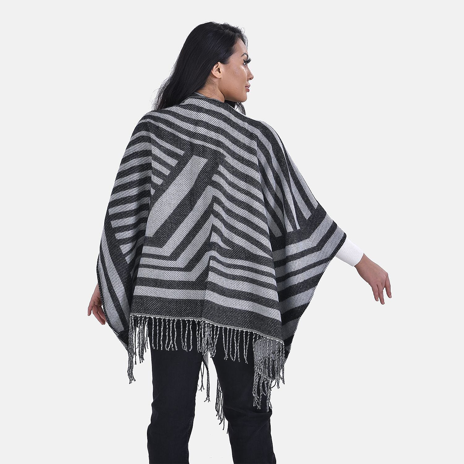 Closeout Deal V-Neck Stripe Poncho (One Size) - Grey - Black