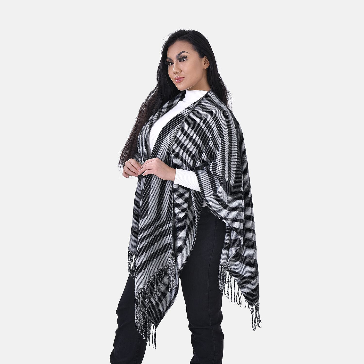 Closeout Deal V-Neck Stripe Poncho (One Size) - Grey - Black