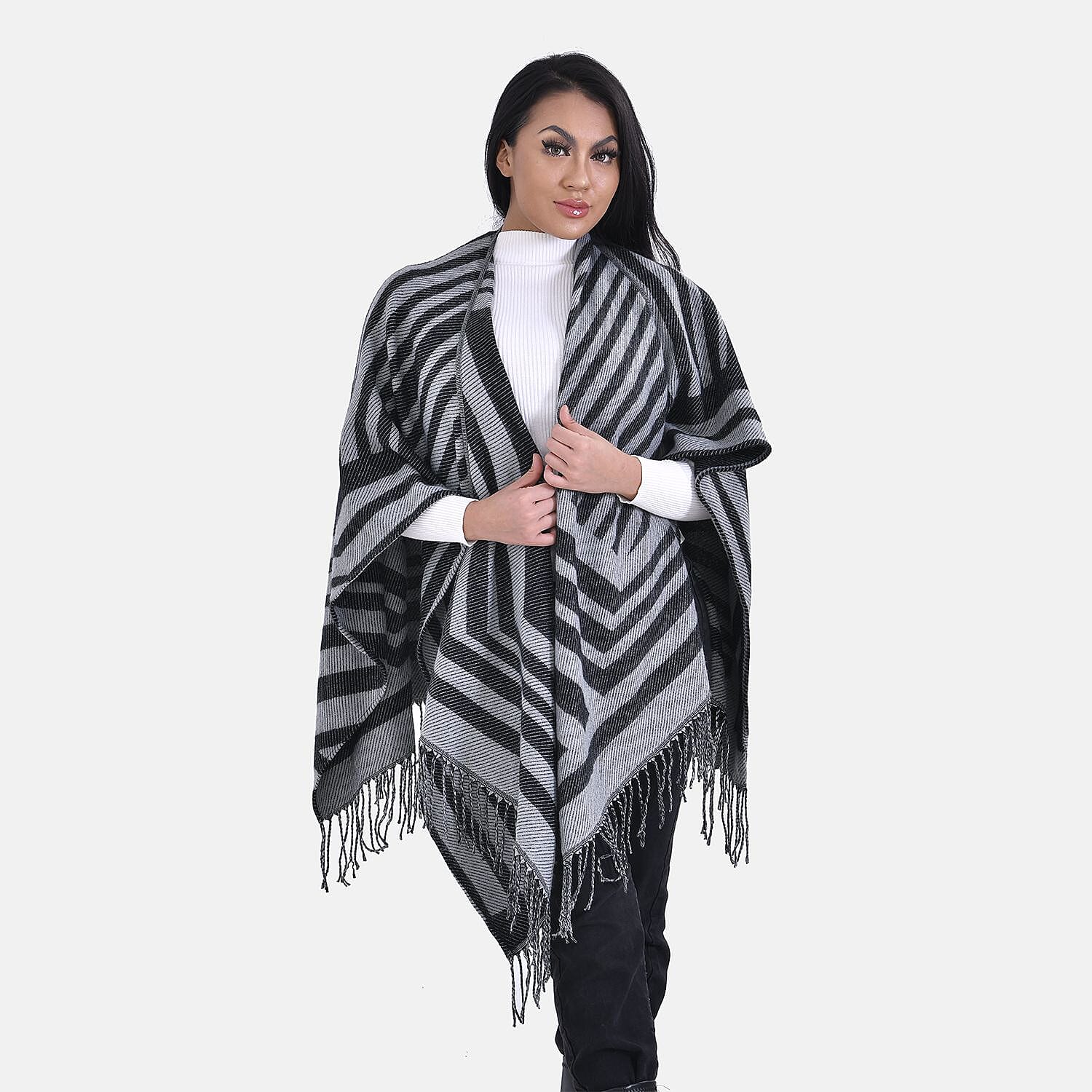 Closeout Deal V-Neck Stripe Poncho (One Size) - Grey - Black