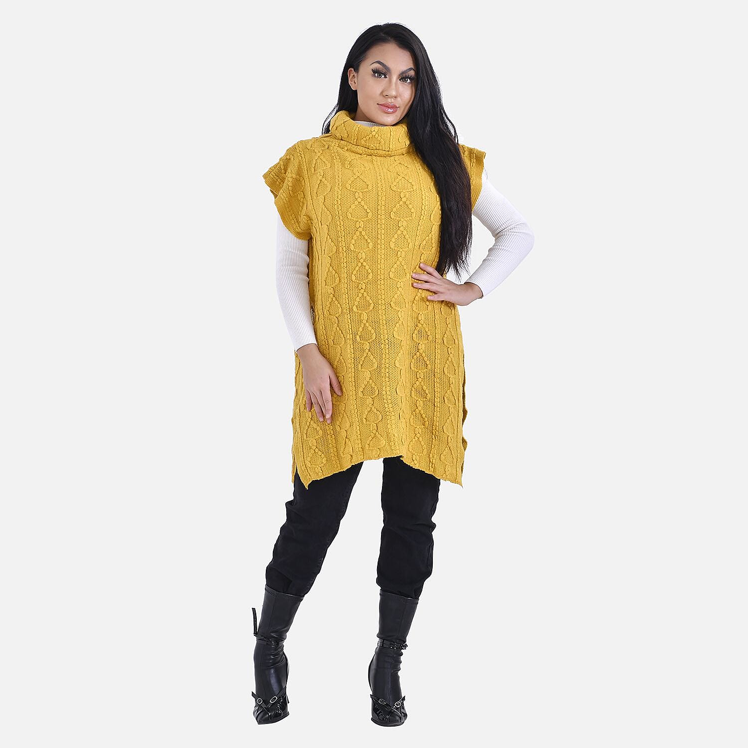 Knitted Rolled Neck Tabard (One Size) - Yellow