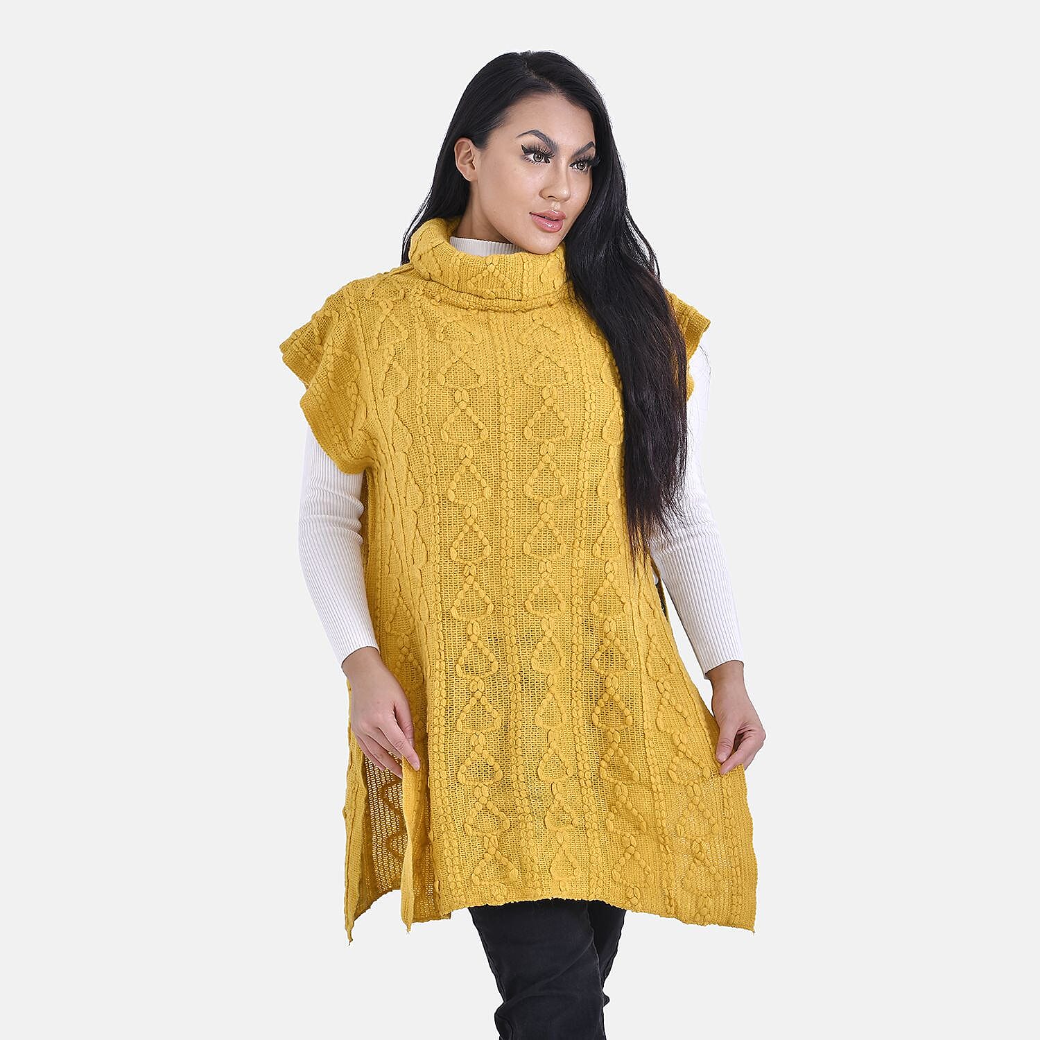 Knitted Rolled Neck Tabard (One Size) - Yellow