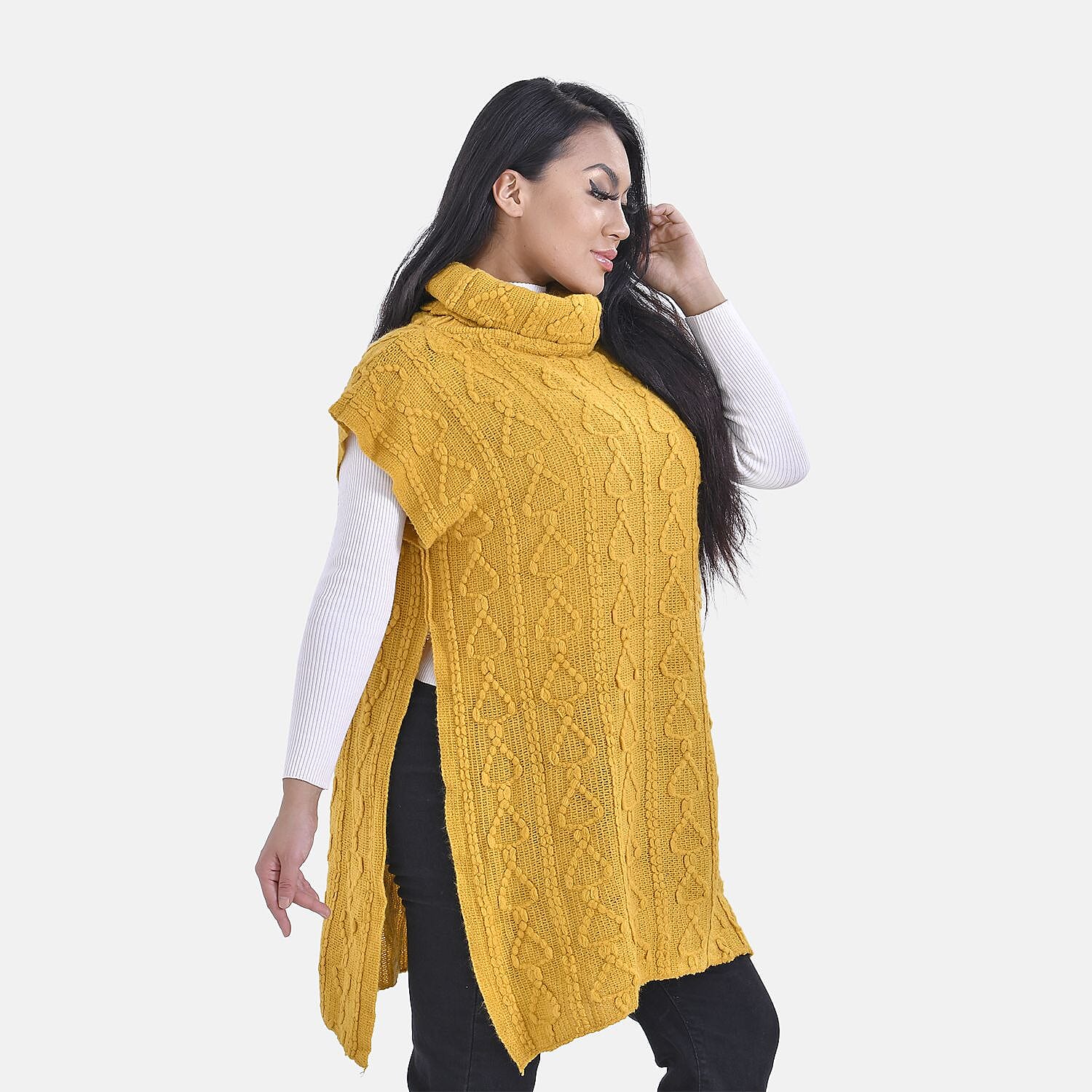 Knitted Rolled Neck Tabard (One Size) - Yellow
