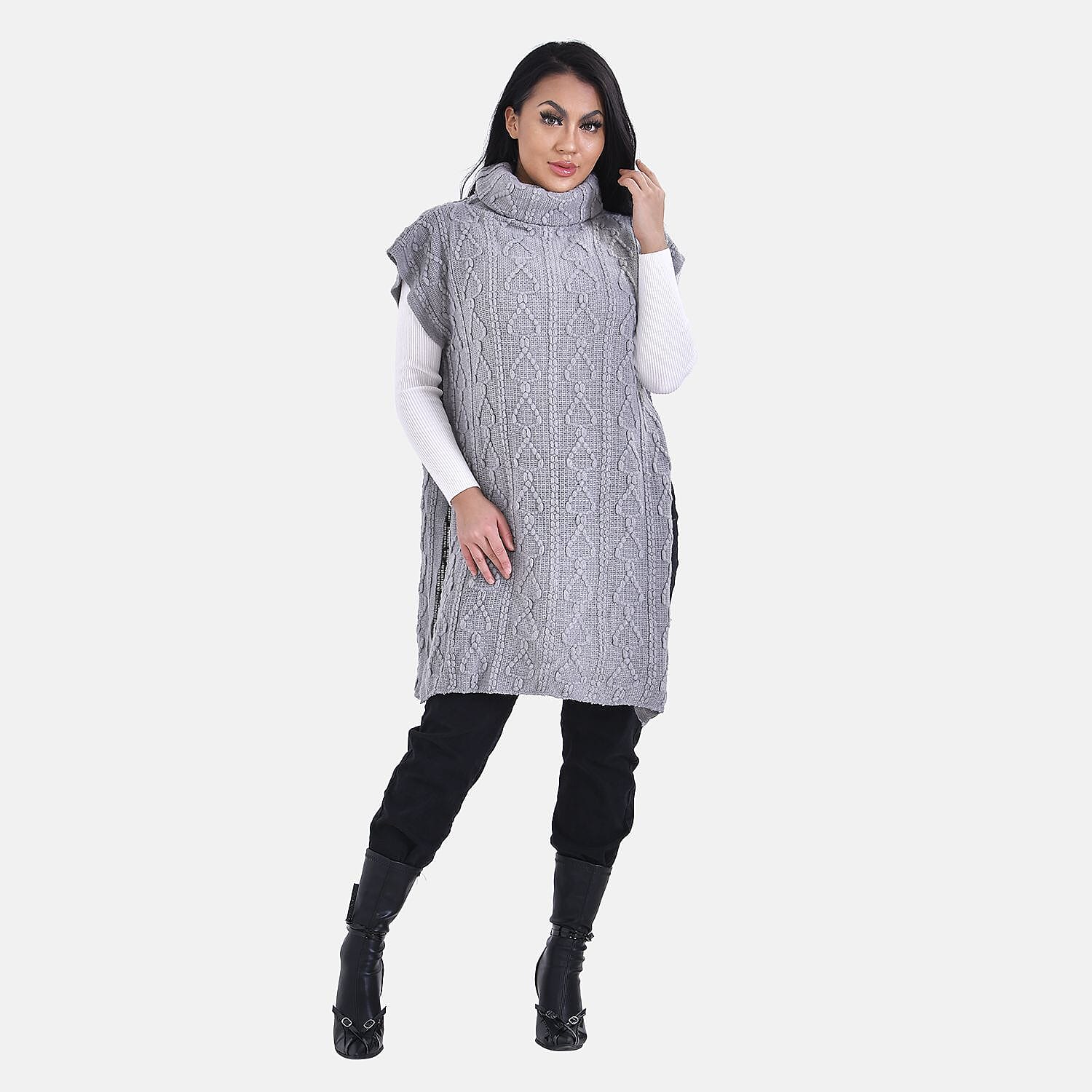 Knitted Rolled Neck Tunic (One Size) - Grey