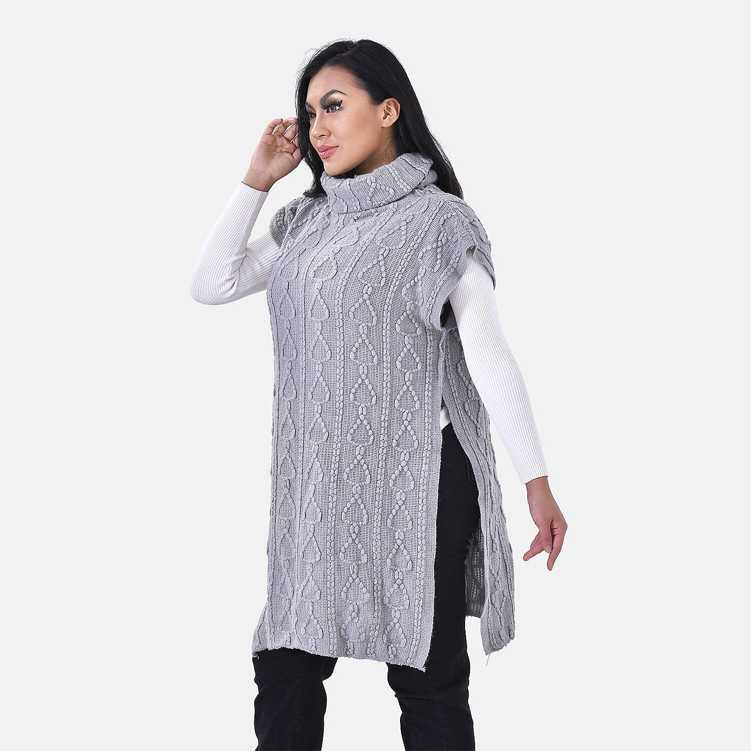 Knitted Rolled Neck Tunic (One Size) - Grey