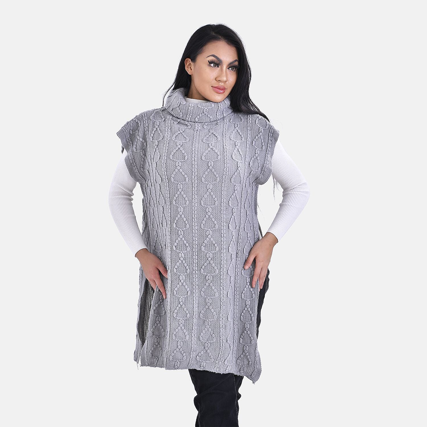 Knitted Rolled Neck Tunic (One Size) - Grey