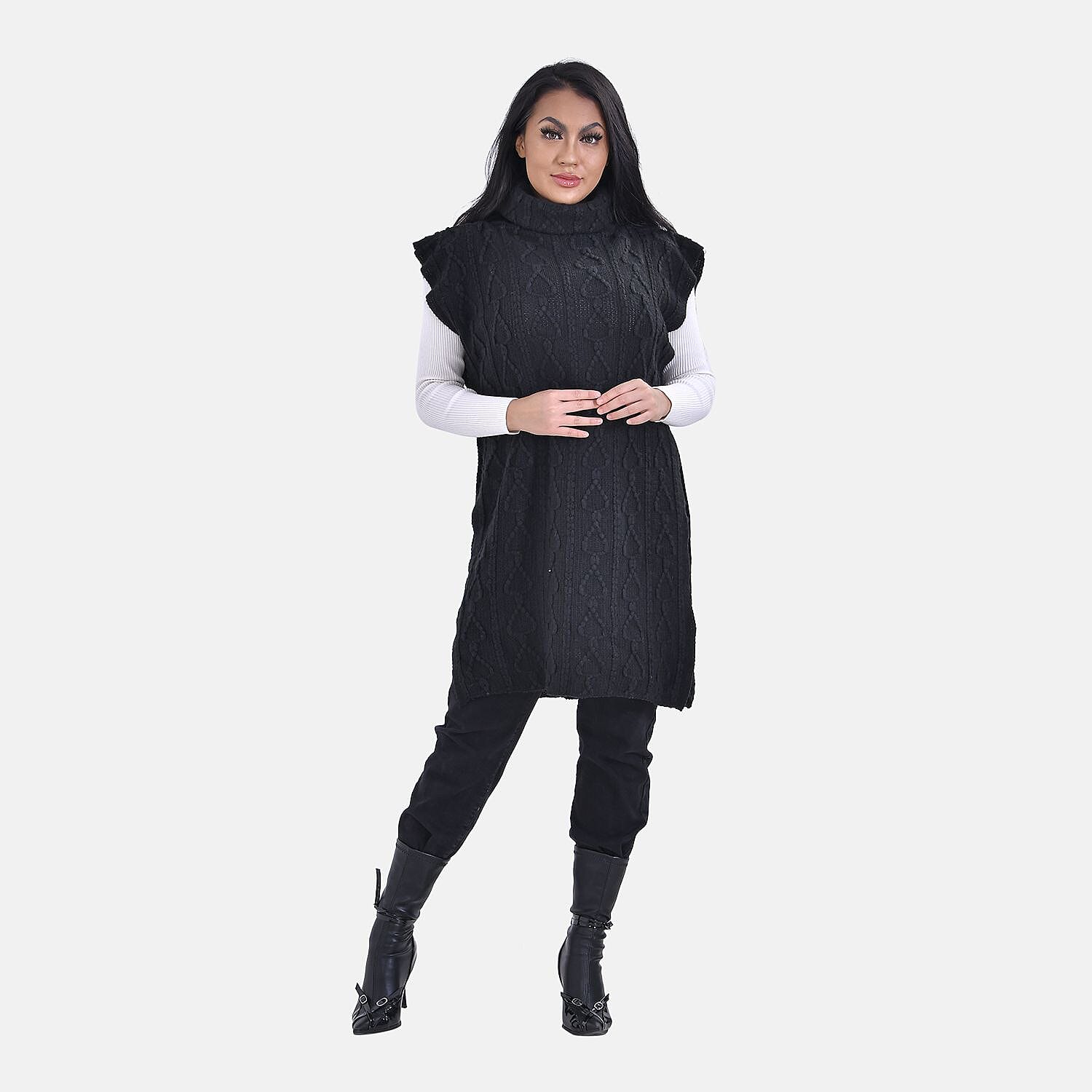 Knitted Rolled Neck Tabard One Size - Black