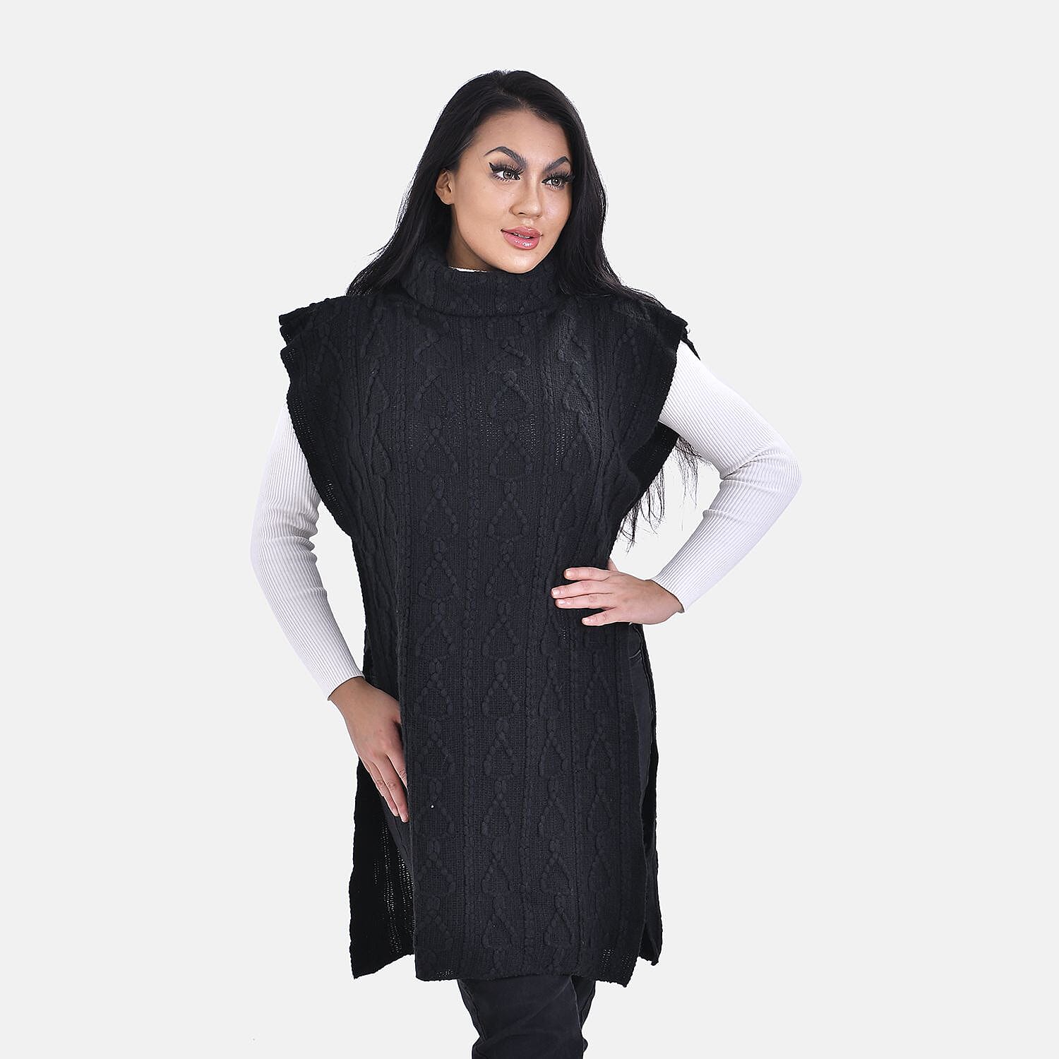 Knitted Rolled Neck Tabard One Size - Black