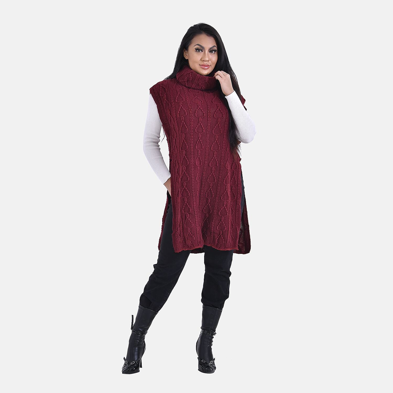 Knitted Rolled Neck Tabard One Size - Wine Red