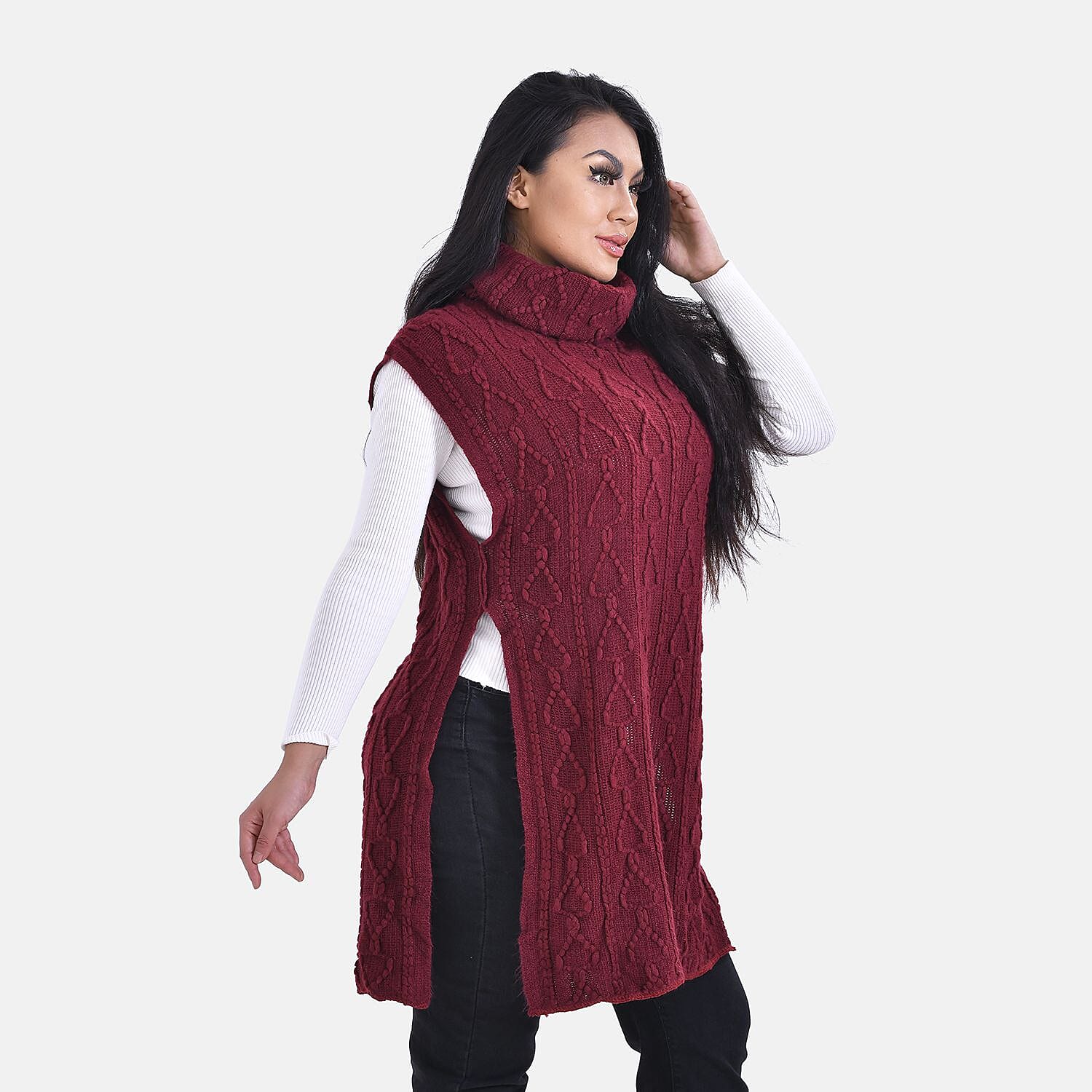 Knitted Rolled Neck Tabard One Size - Wine Red