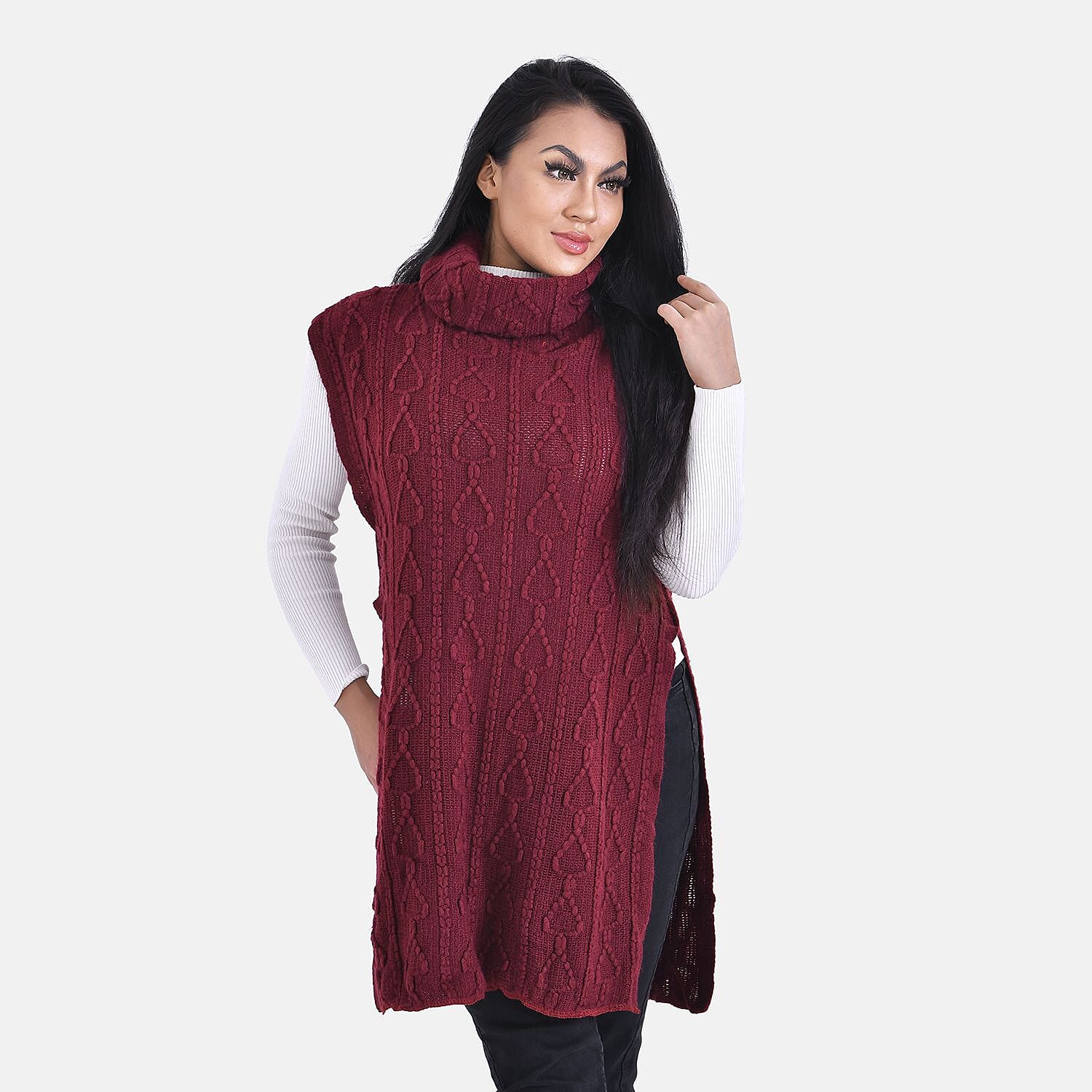 Knitted Rolled Neck Tabard One Size - Wine Red