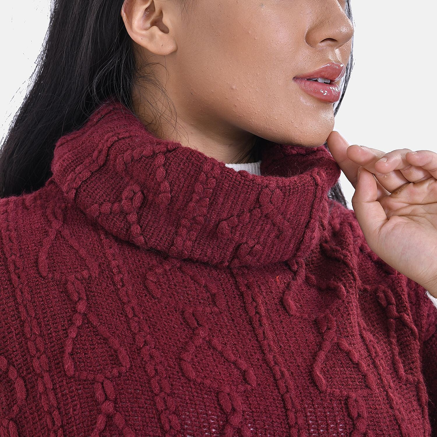 Knitted Rolled Neck Tabard One Size - Wine Red