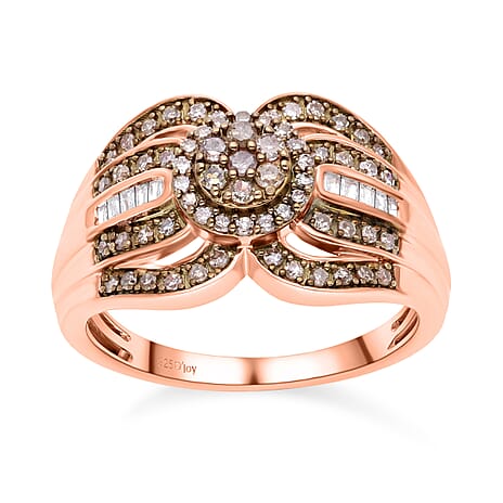 Natural Champagne Diamond and White Diamond Ring in Rose Gold Vermeil Plated Sterling Silver 0.53 Ct