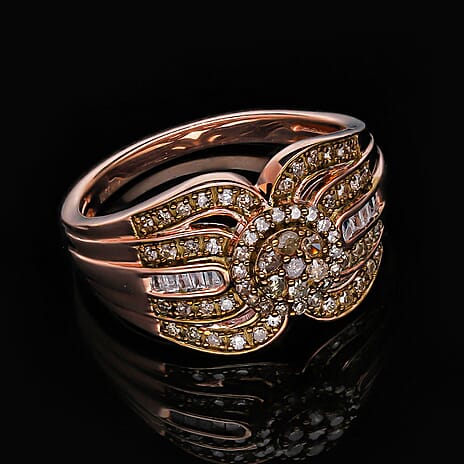 Natural Champagne Diamond and White Diamond Ring in Rose Gold Vermeil Plated Sterling Silver 0.53 Ct