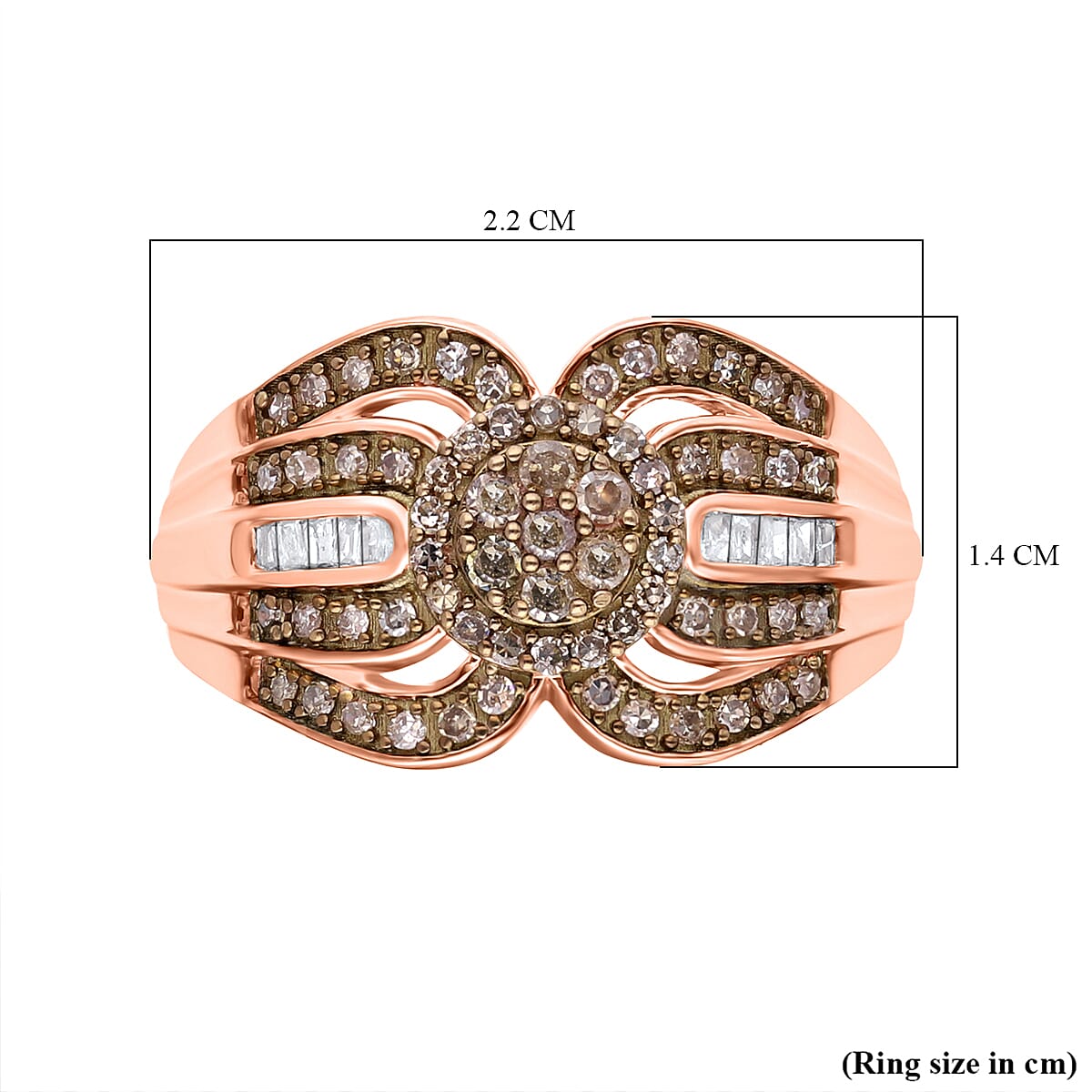 Natural Champagne Diamond and White Diamond Ring in Rose Gold Vermeil Plated Sterling Silver 0.53 Ct