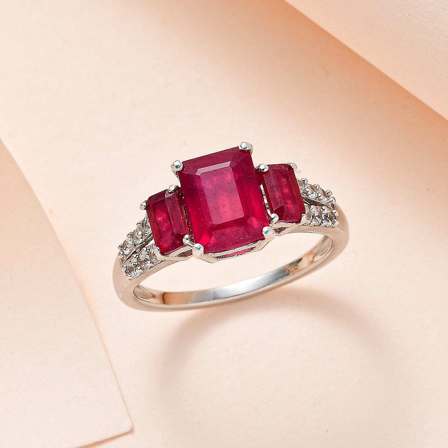 African Ruby & Natural Zircon Ring in Platinum Overlay Sterling Silver 3.50 Ct.