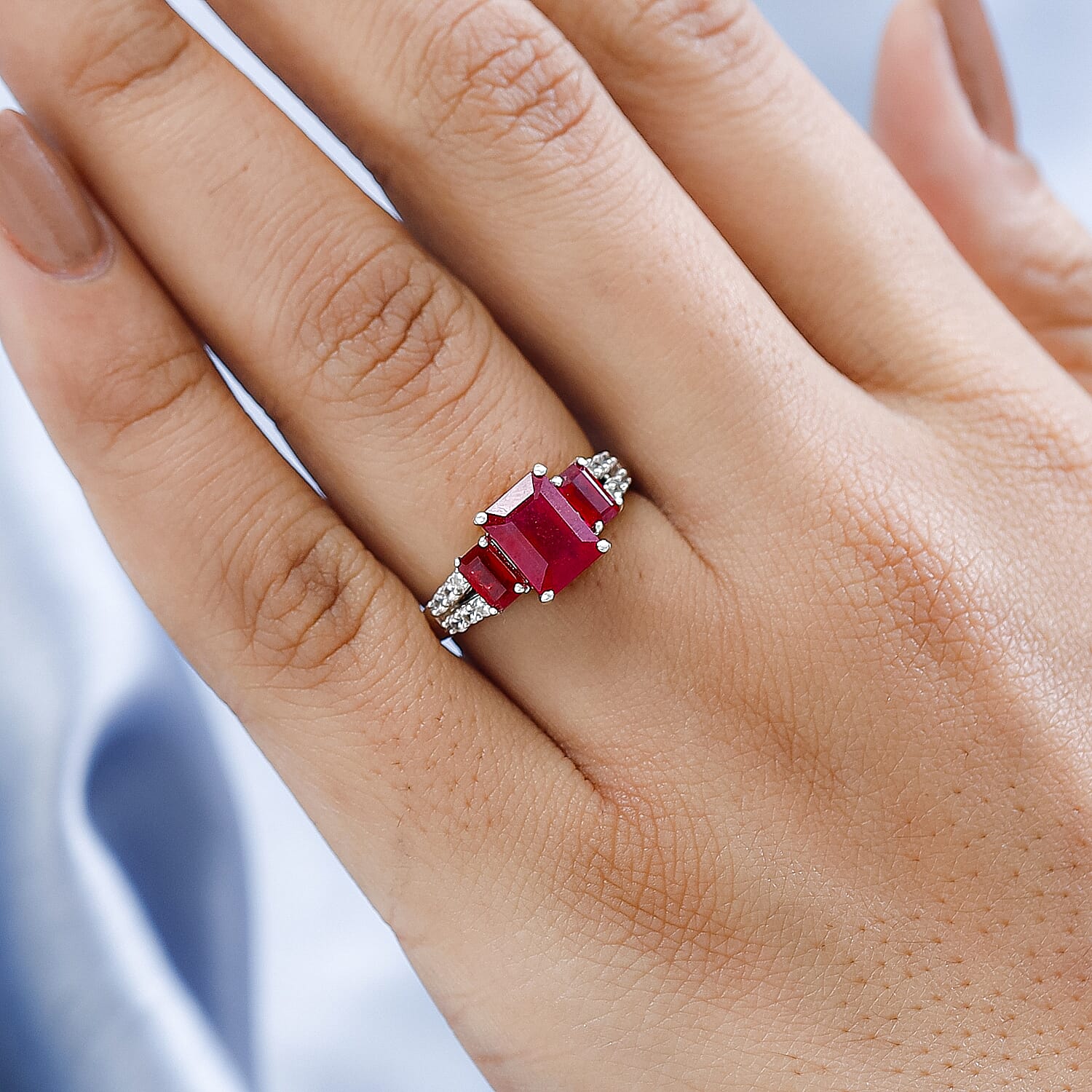 African Ruby & Natural Zircon Ring in Platinum Overlay Sterling Silver 3.50 Ct.