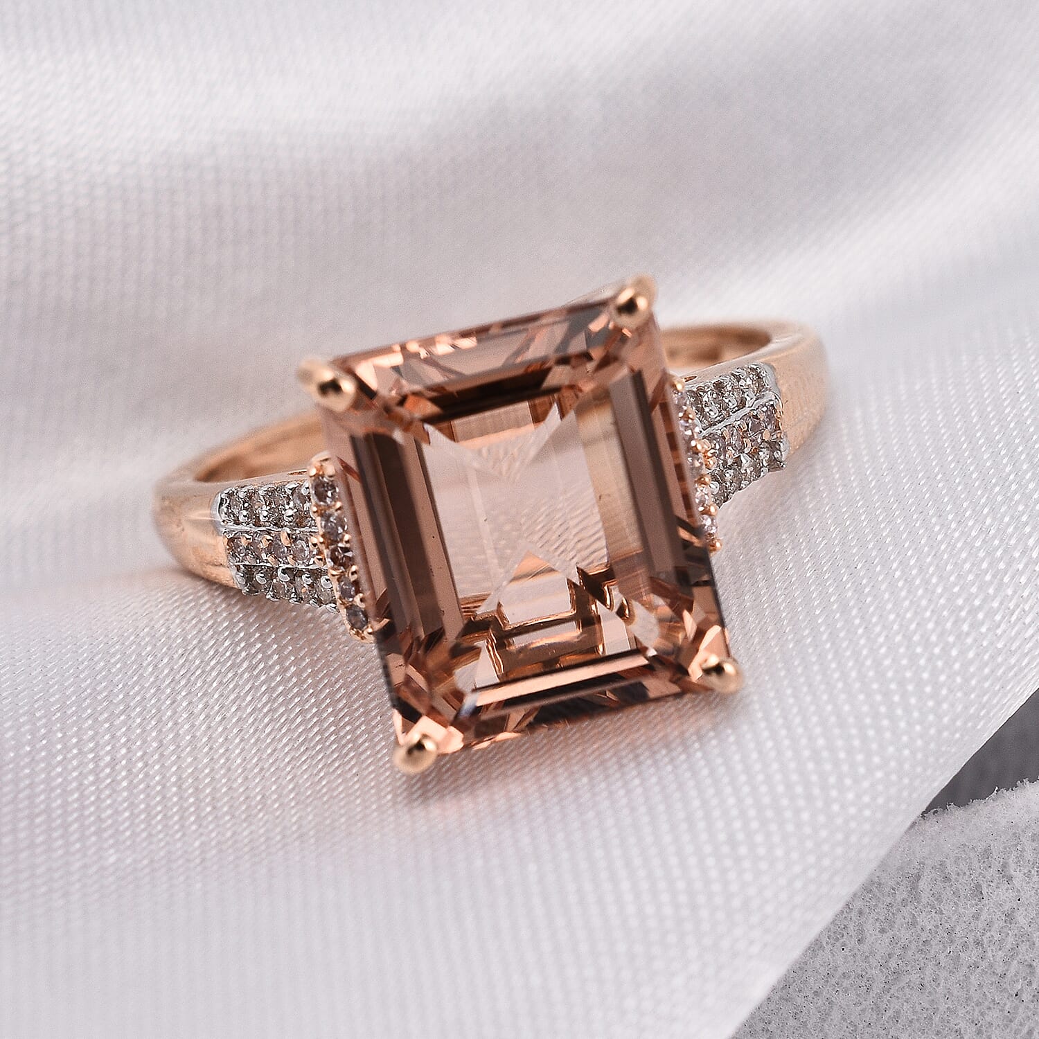 14K Rose Gold AAA Morganite, Pink Diamond & White Diamond Ring 4.17 Ct