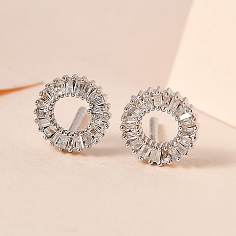 Natural White Diamond Circle Stud Push Back Earrings in Platinum Overlay Sterling Silver